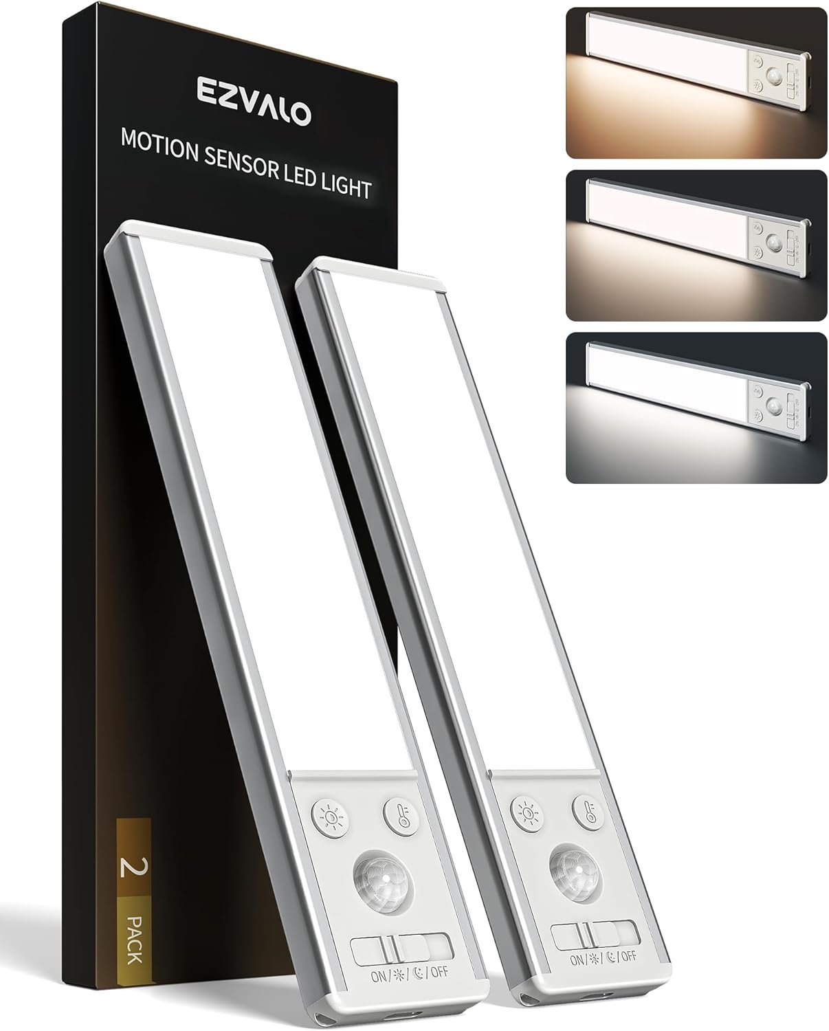 EZVALO 8″ Under Cabinet Lighting, 2400mAh Rechargeable Motion Sensor Light Indoor, Mini & Slim Design, 3 Color Temps, Dimmable Magnetic Wireless Closet Lights for Kitchen, Pantry, Stairs (2 Pack)