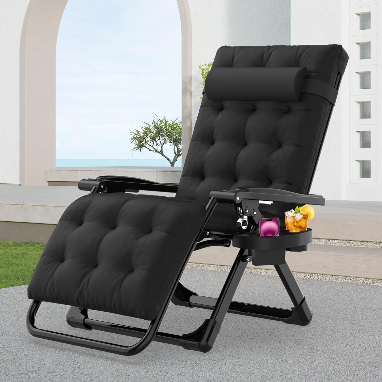 Suteck Zero Gravity Chair, Reclining Camping Lounge Chair with Aluminum Alloy Lock, Folding Patio Recliner w/Removable Pad, Adjustable Headrest and Side Tray for Outdoor Patio, Lawn, and Camping