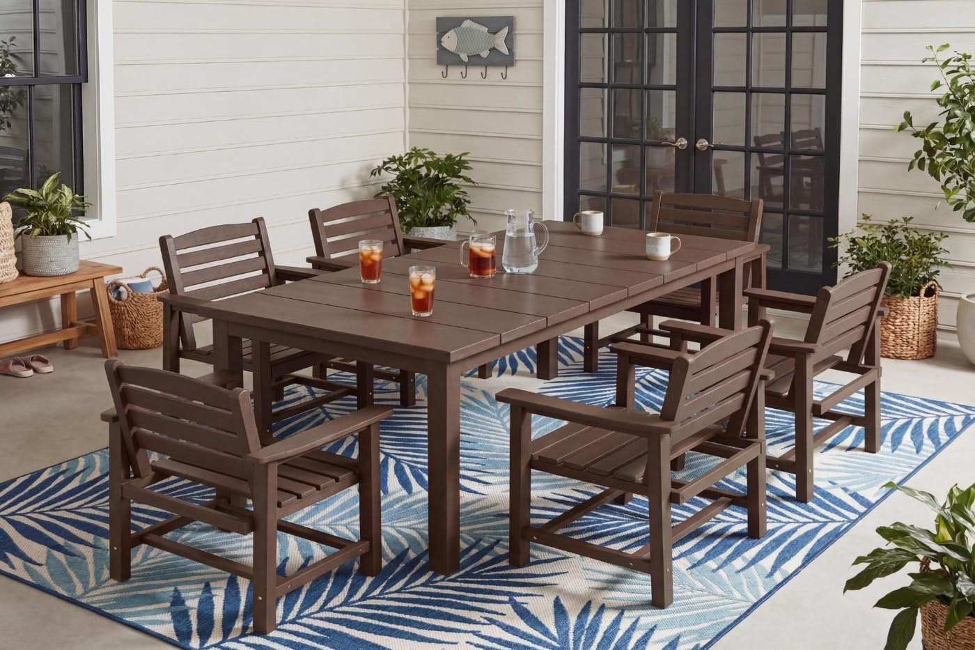 Perli™ 7-Piece Outdoor Dining Set, All-Weather HDPE Patio Furniture with 6 Ergonomic Chairs & Large Table, Built-in Umbrella Hole, UV-Resistant Set for Backyard, Deck, Poolside, Coffee