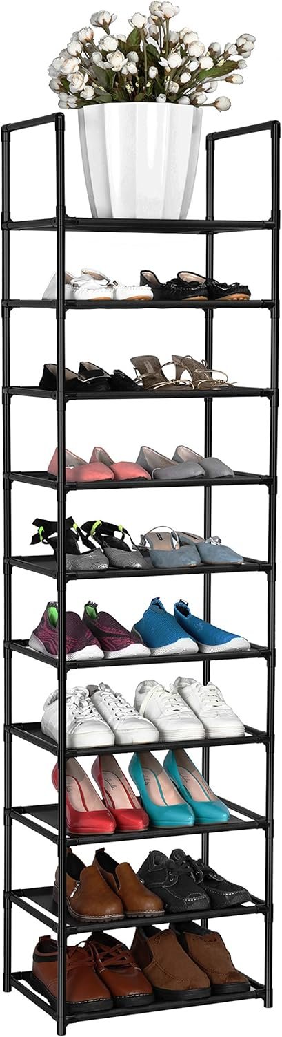 FIDUCIAL HOME 10 Tiers Shoe Rack Organizer 20 Pairs Tall Shoe Shelf | Tall Narrow Space Saving for Closet Entryway Dorm, Easy to Assemble, 17″L x 11″W x 68.8″H, Black