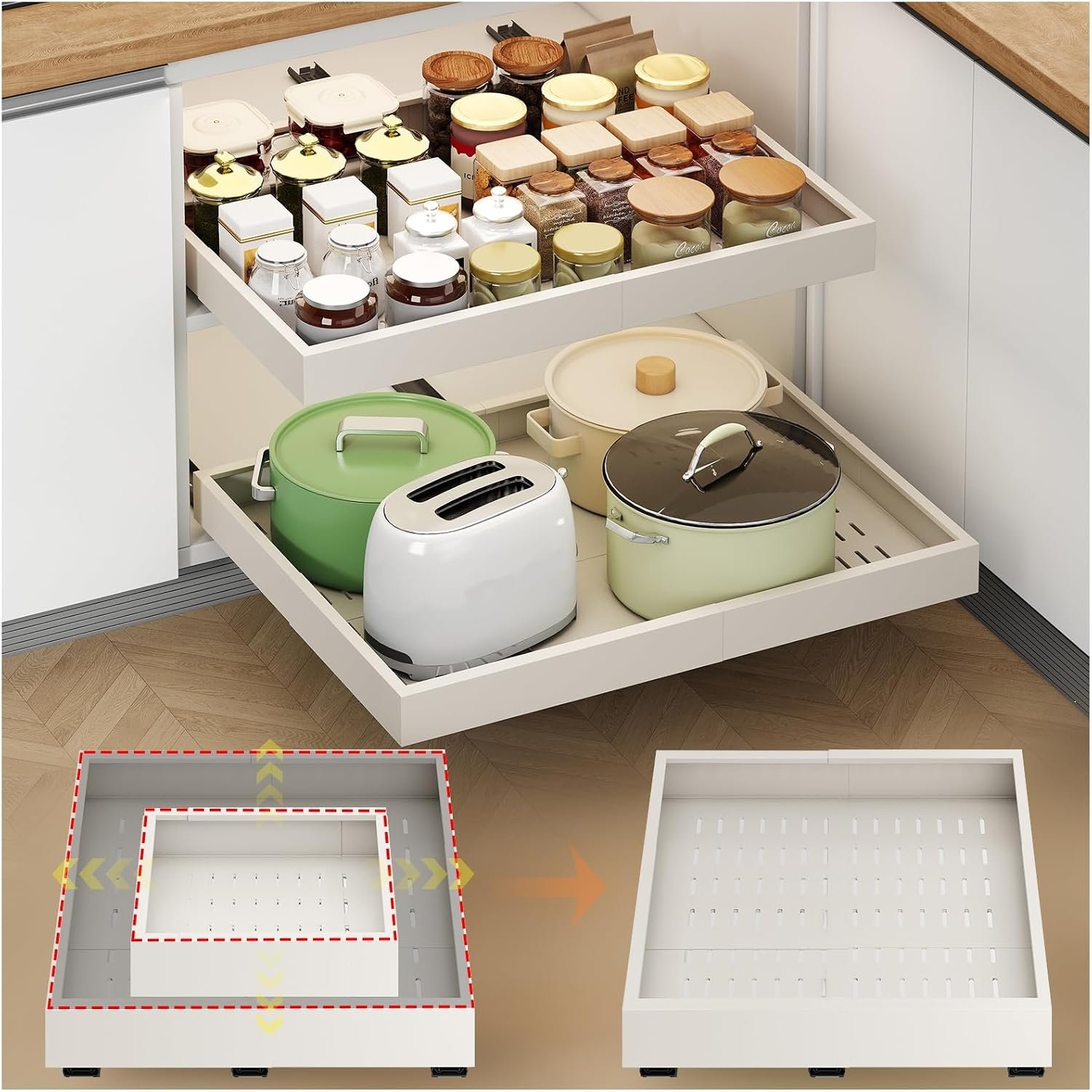 2Pc Pull out Cabinet Organizer,Width (14″-21″),Depth(17″-24″) Expandable with 3 Rails,No Drill Roll out Drawers,Adhesive Sliding Drawers,Slide out Shelves for Cabinets Without Lip,Kitchen,Pantry,White