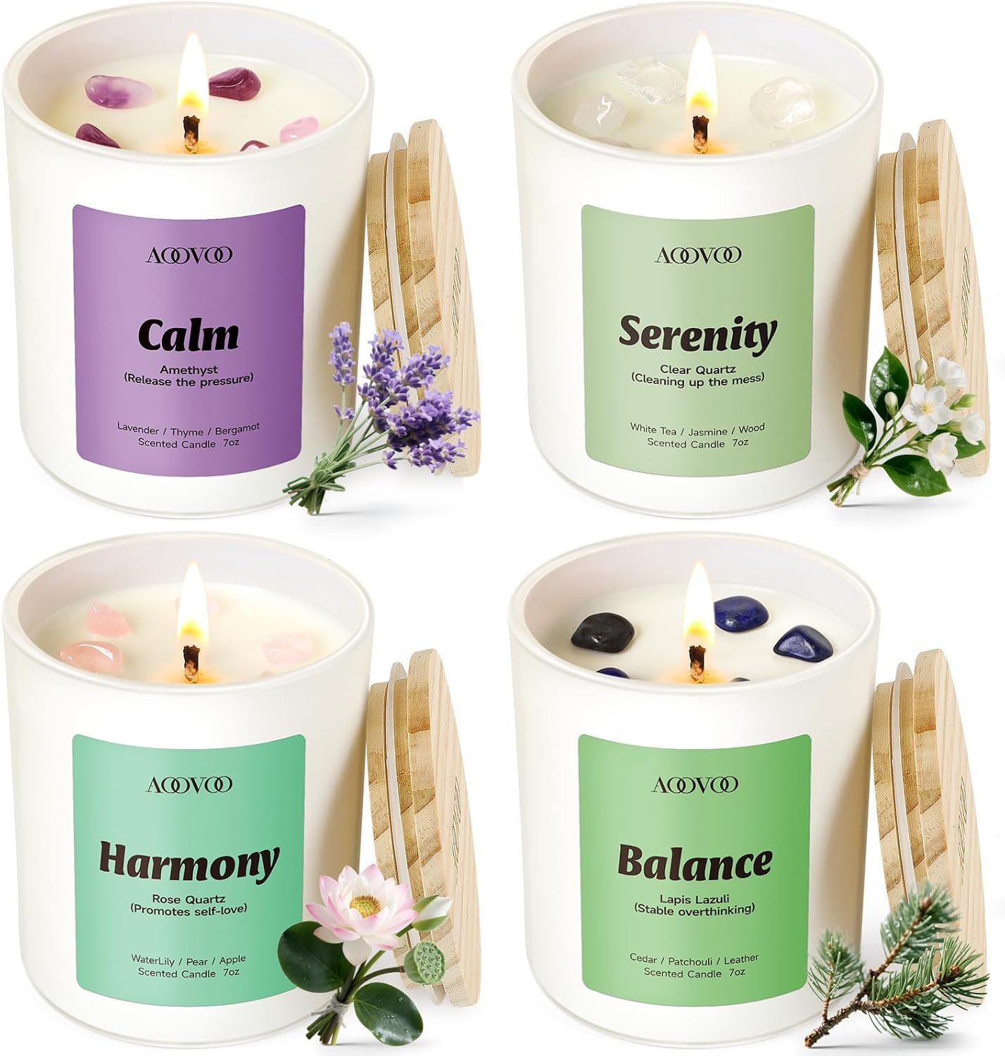 AOOVOO Calm Candles Set for Women – 4 Pack Candles for Home Scented, 28 oz 200 Hour Burn, Aromatherapy Candle with Crystals, Lavender Calm/Jasmine Serenity/Water Lily Pear Harmony/Patchouli Balance