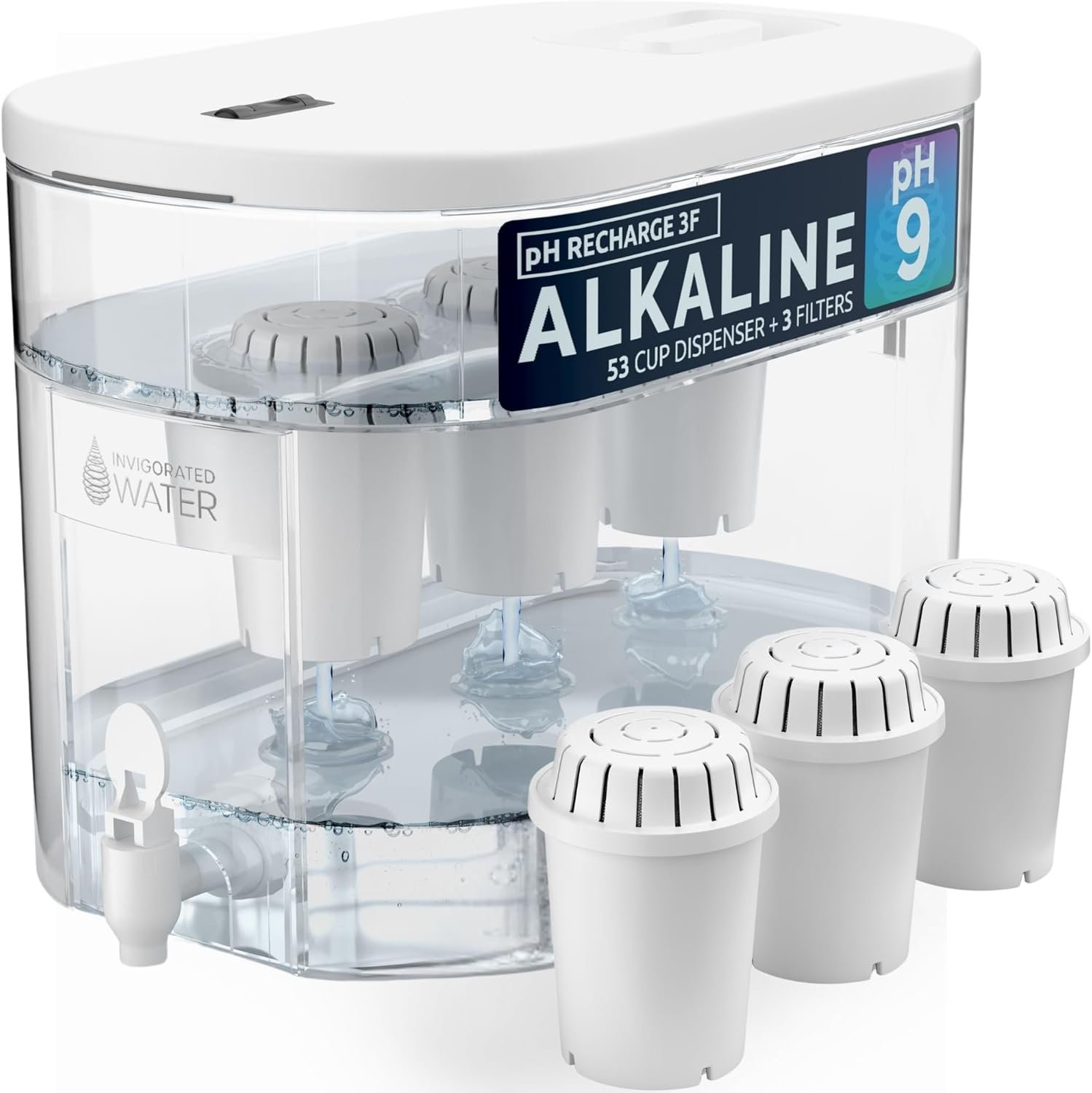 Invigorated Water – Alkaline Countertop Water Filter Dispenser, Large Cup Capacity, Mineralized Alkaline Water, BPA-Free, 96 Gallons/Filter (White, 3 Filters Included)