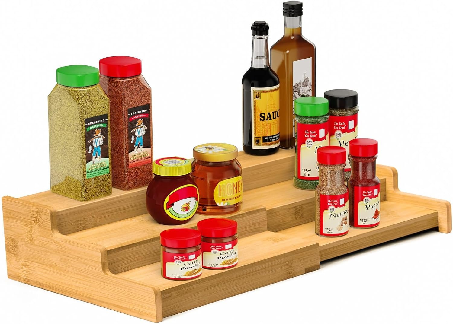 VenDotbi Spice Rack, 3-Tier Expandable Bamboo Spice Rack Organizer for Cabinet – Kitchen, Pantry and Cupboard Storage Organizer