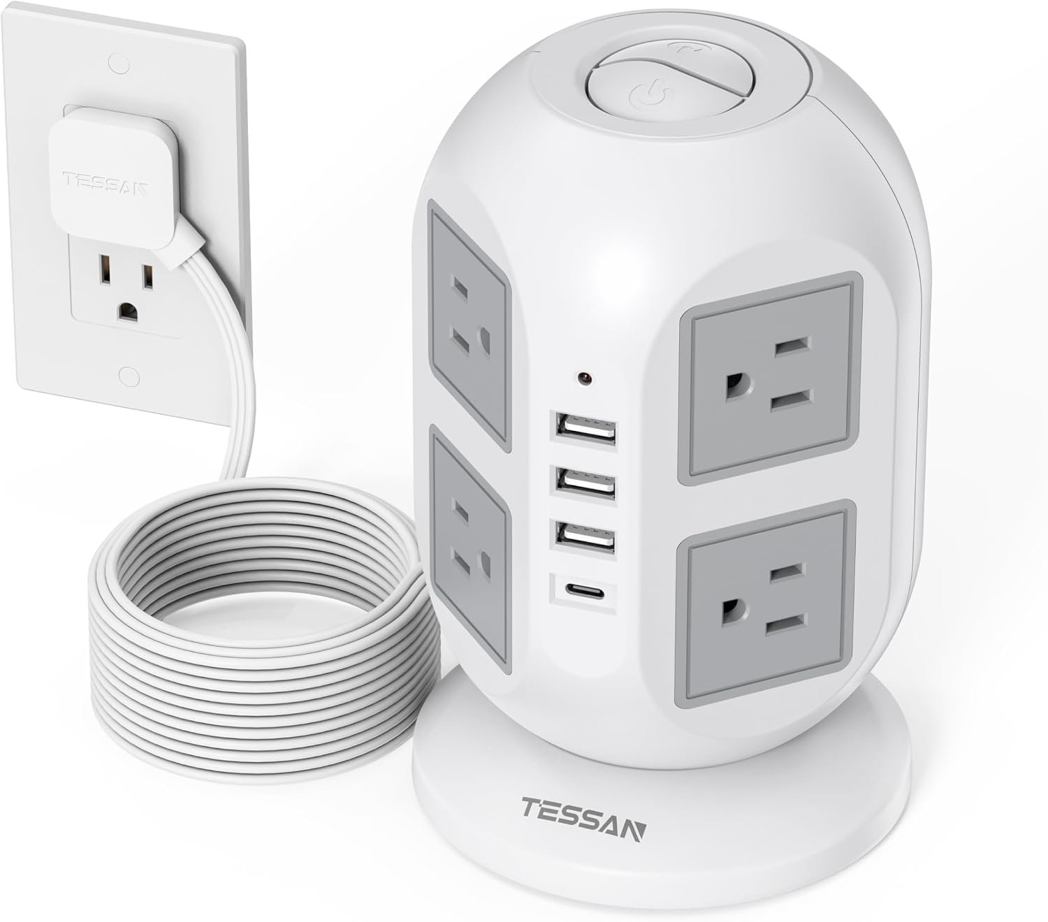 TESSAN Tower Power Strip 10 ft, Long Flat Extension Cord with Multiple Outlets, 8 AC Outlets with 4 USB Ports (1 USB C), Charging Station with, for Home Office Dorm