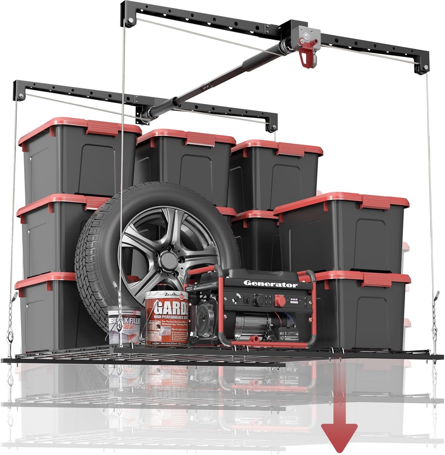 Overhead Garage Storage Rack for 12–14 FT Ceiling, Heavy-duty 4×4 FT Ceiling Storage Racks with Safety Lock, Ideal for Garage Storage Mounted Lift System and Storage Organizer, 250lbs Capacity