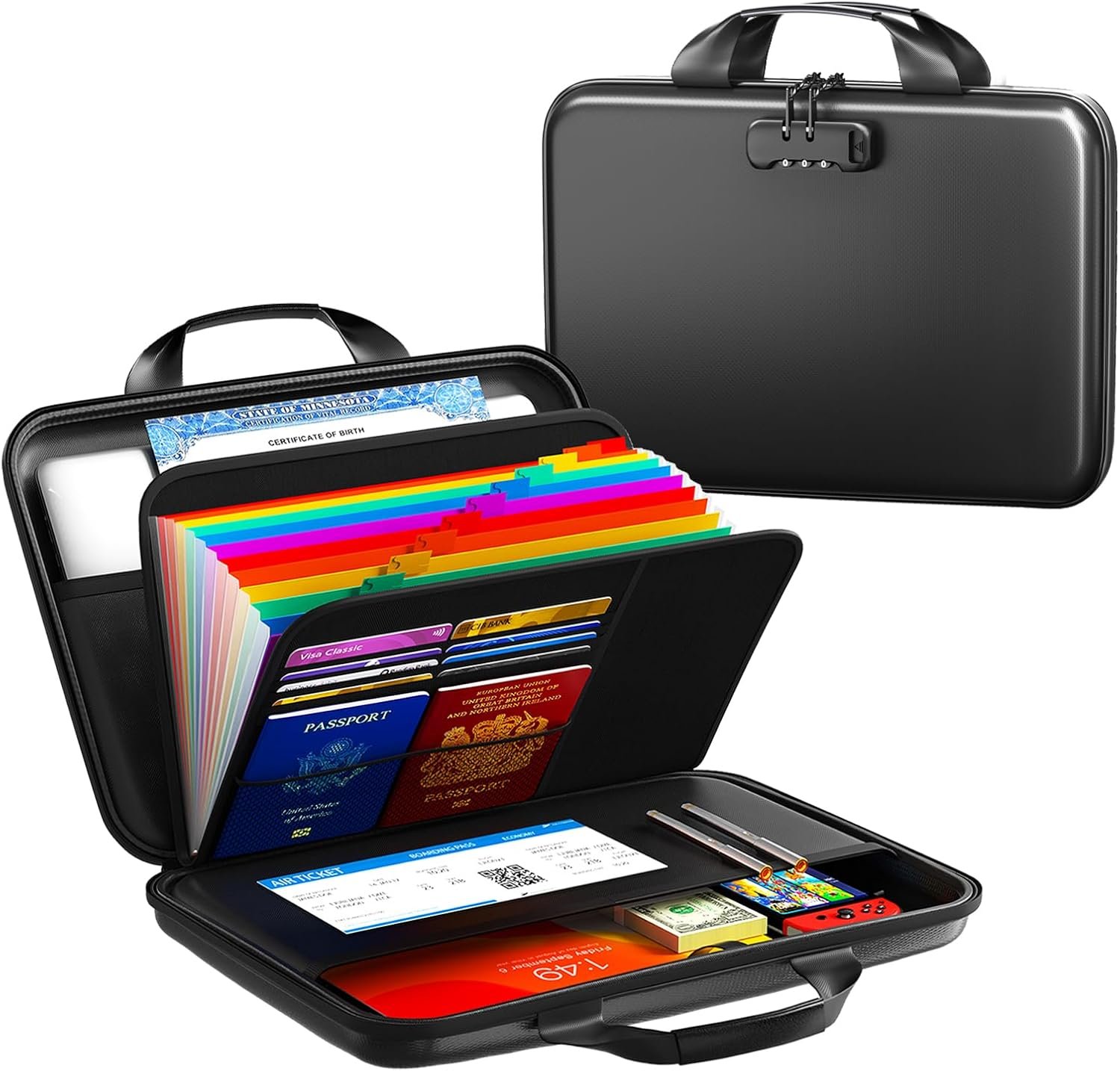 Fireproof Document Organizer with Lock, Rigid EVA File Box with 13-Pocket Accordion Folder for Important Documents & Tablets under 11″, Lightweight Safe Storage for Home, Office & Travel (Small Size)