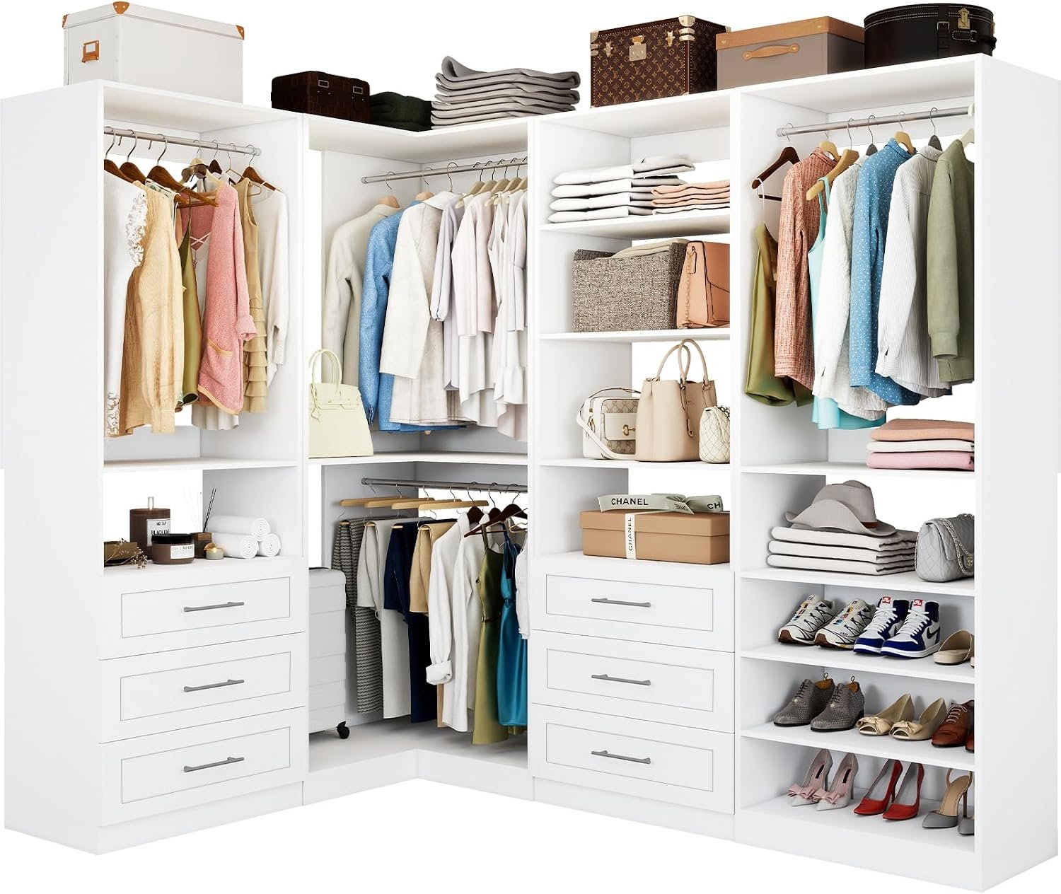 Vomavex Closet System with 4 sets, 101.9″ Closet Organizer Systems with 6 Drawers & 8 Hanging Rods & Adjustable Shelves, Walk in Closet Standing Closet System, Corner Closet System Set, White