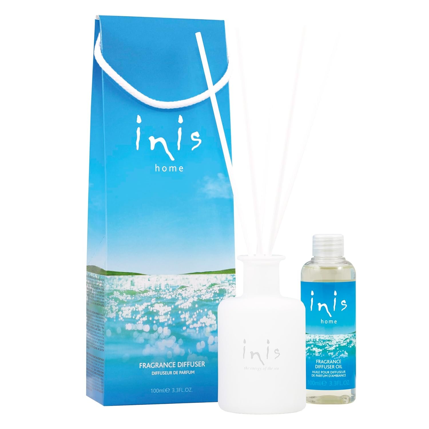 Inis the Energy of the Sea – Reed Diffuser Set with Fragrance Oil | Glass Bottle and Fibre Reeds, Clean Ocean Fresh Aquatic Home Fragrance for Living Room, Bathroom and Bedroom