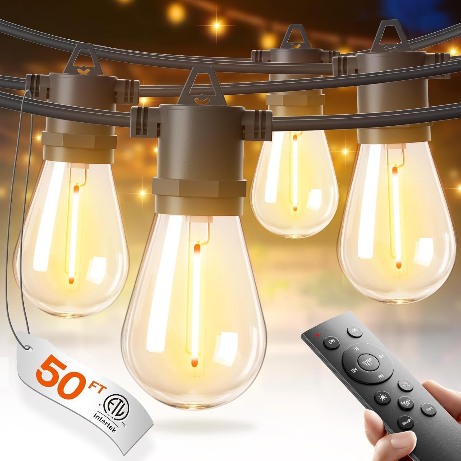 addlon 50FT LED Outdoor String Lights with Edison Shatterproof Bulbs, Weatherproof Strand, Commercial Grade Patio Lights, Decorative for Garden or Patio, Black