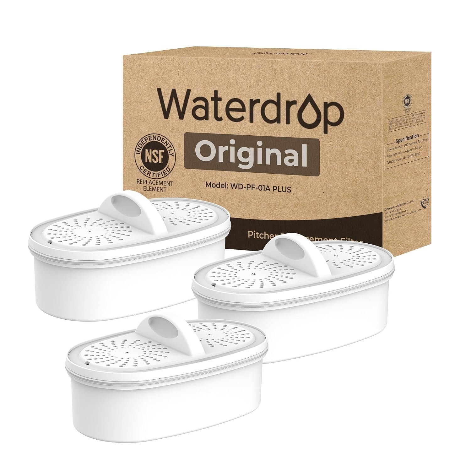 [Original] Waterdrop PF-01A Water Filter Replacement for Waterdrop Pitcher and Dispenser Filtration System, NSF Certified, Reduces Lead, PFAS, PFOA/PFOS, Last Up to 200 Gallons, 3 Pack