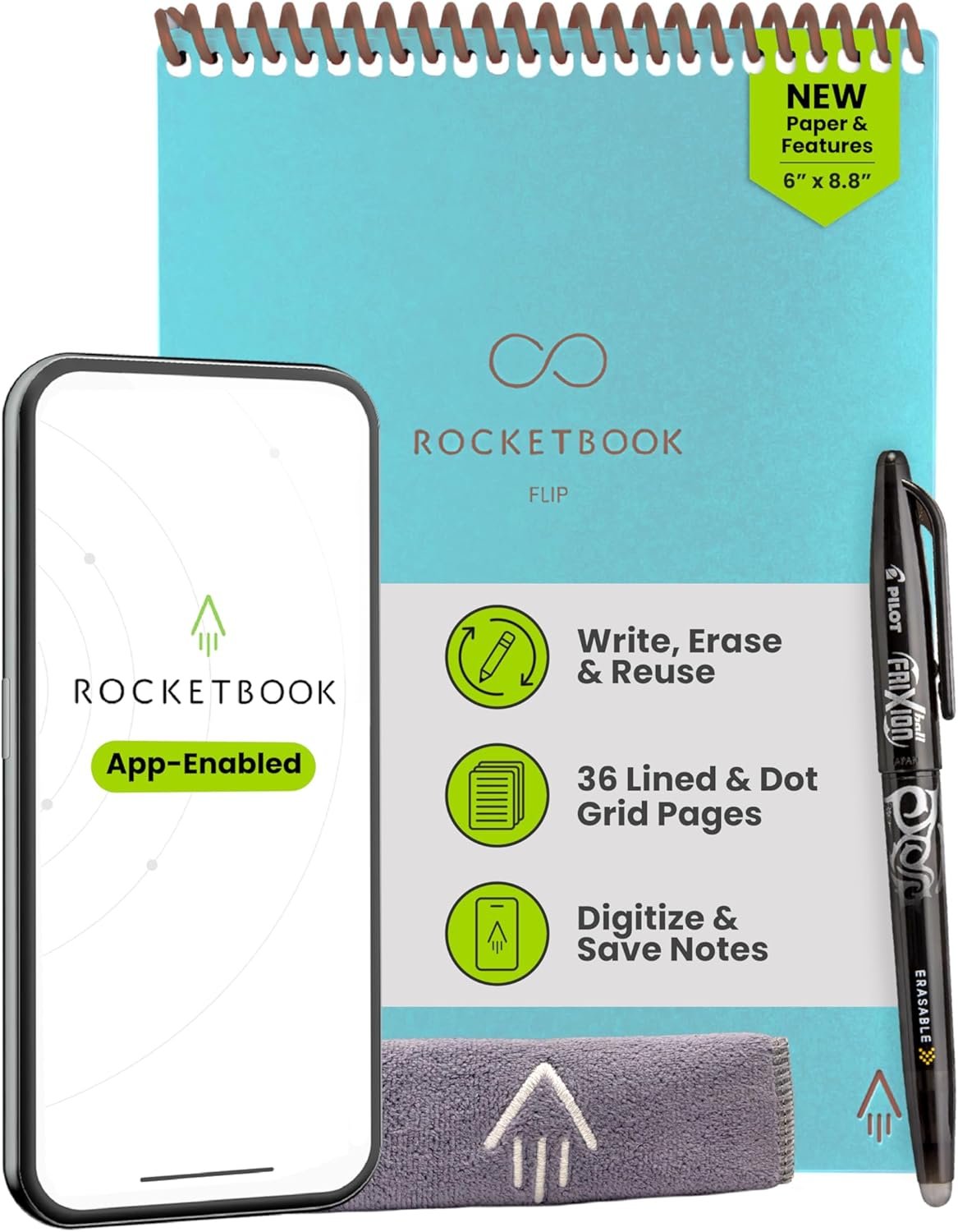 Rocketbook Flip Reusable Smart Notepad, Top Bound Spiral Notebook Lined and Dotted Pages Executive Size 6×8.8, Premium, Teal (Pack of 1)