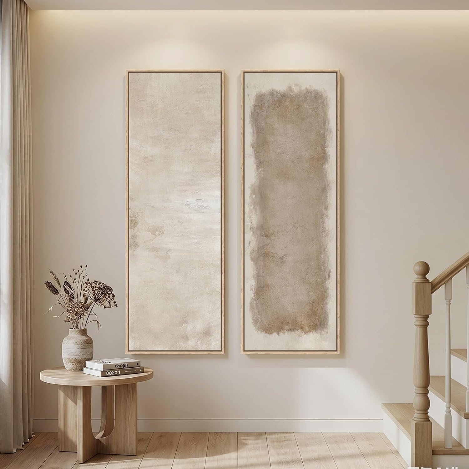 Long Narrow Framed Neutral Abstract Vertical Wall Art, 2 Piece Modern Canvas Prints Paintings Artwork for Walls, Tall Beige Cream Minimalist Pictures for Living Room Bedroom Hallway Entryway Wall Decor
