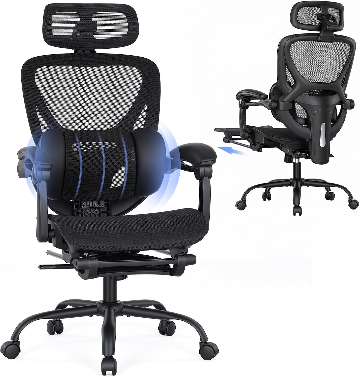 MALOL Ergonomic Mesh Office Chair with Footrest, Executive High Back Computer Desk Chair with 3D Adjustable Headrest & 5-Level Lumbar Support, Reclining Tilt Lock, 3D Arms, 300LBS Capacity, Black