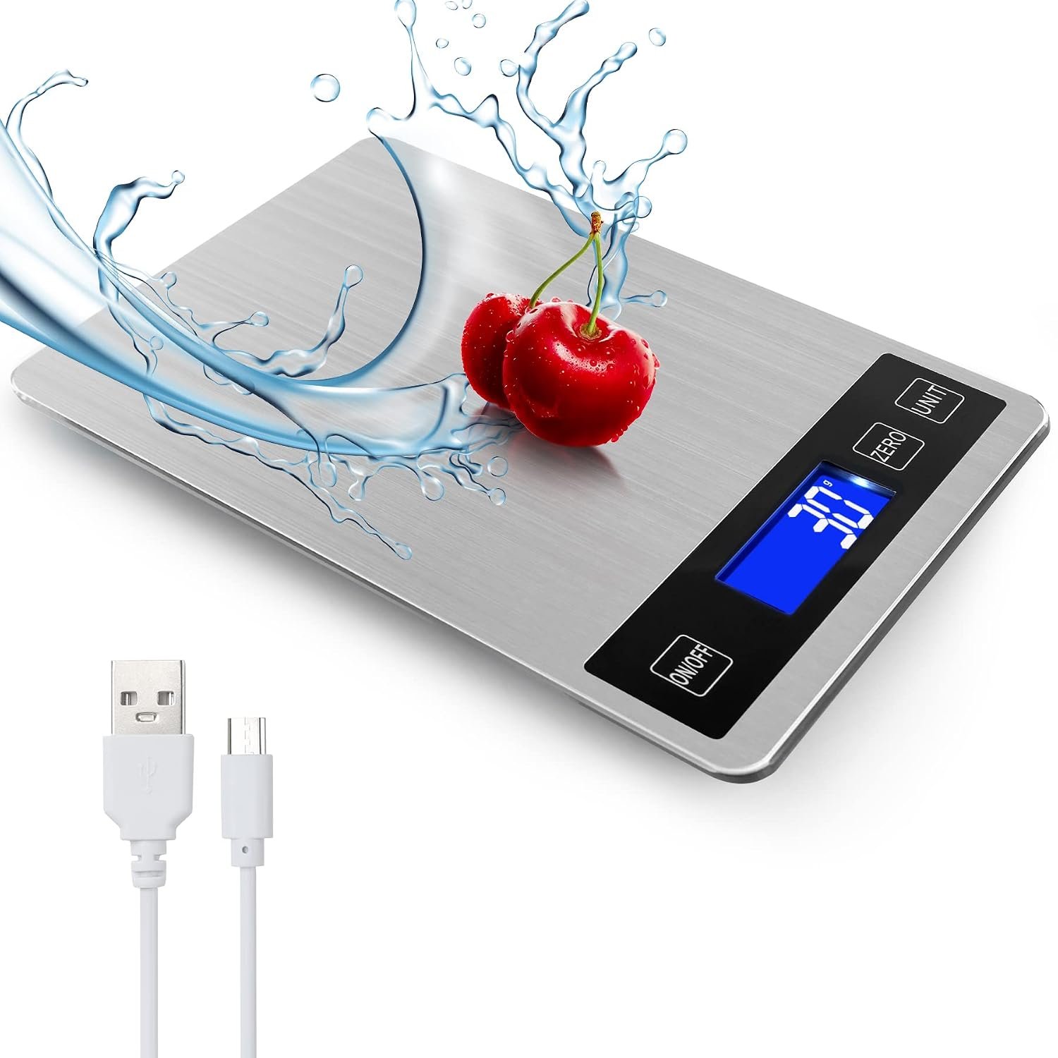 33lb Food Kitchen Digital Scale,1g/0.05oz Precise Graduation, USB Charging Kitchen Scale, Waterproof Stainless Steel with LCD Display, Ounces and Grams for Weight Loss, Cooking, Baking (Silvery)