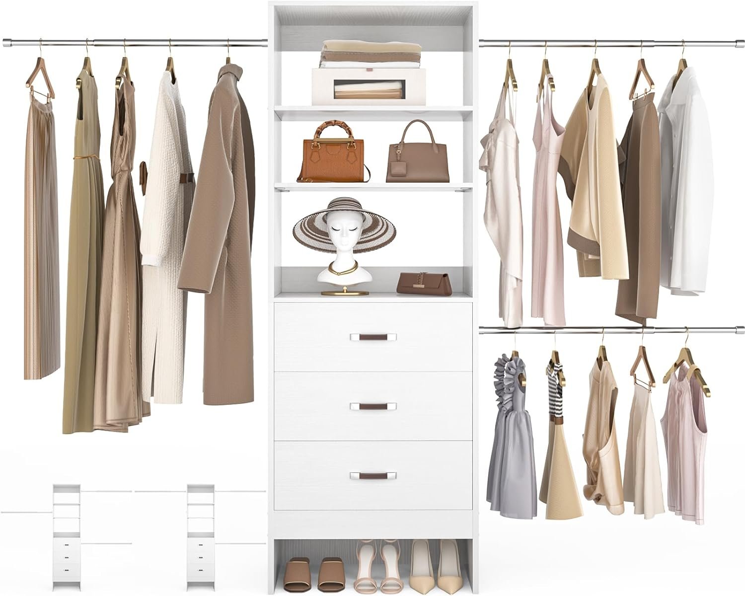 Besiost 96” Closet Organizer System with 3 Hanging Rods, 8FT Closet Organizers and Storage with 3 Wooden Drawers, Built in Closet Organizer Systems, Adjustable Walk-in Wardrobe from 5-8FT, White