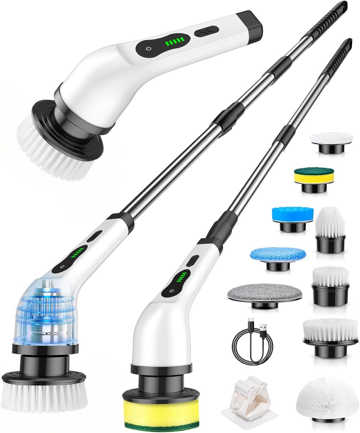 Cordless Electric Spin Scrubber, 9 Brush Heads, 2-Speed Motor | Floor cleaning machines, bathroom scrubber, tile floor scrubber, extension arm, IPX7 waterproof, tub, sink, grout, car wheels