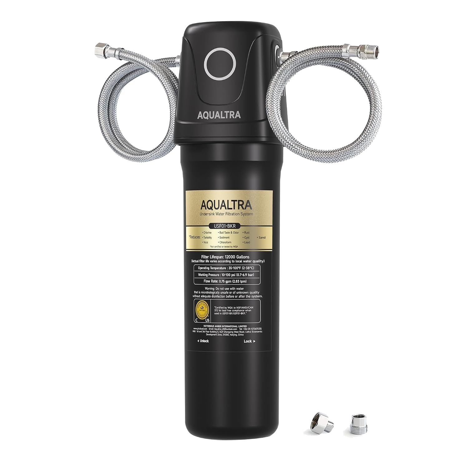 AQUALTRA USF01-BK Under Sink Water Filter System, 12K Gal, NSF/ANSI/CAN 372 Certified, Reduces PFOA, PFOS, Chlorine, Lead, Mercury, Chloramine, Fluoride, Microplastics Particles, Bad Taste & Odor