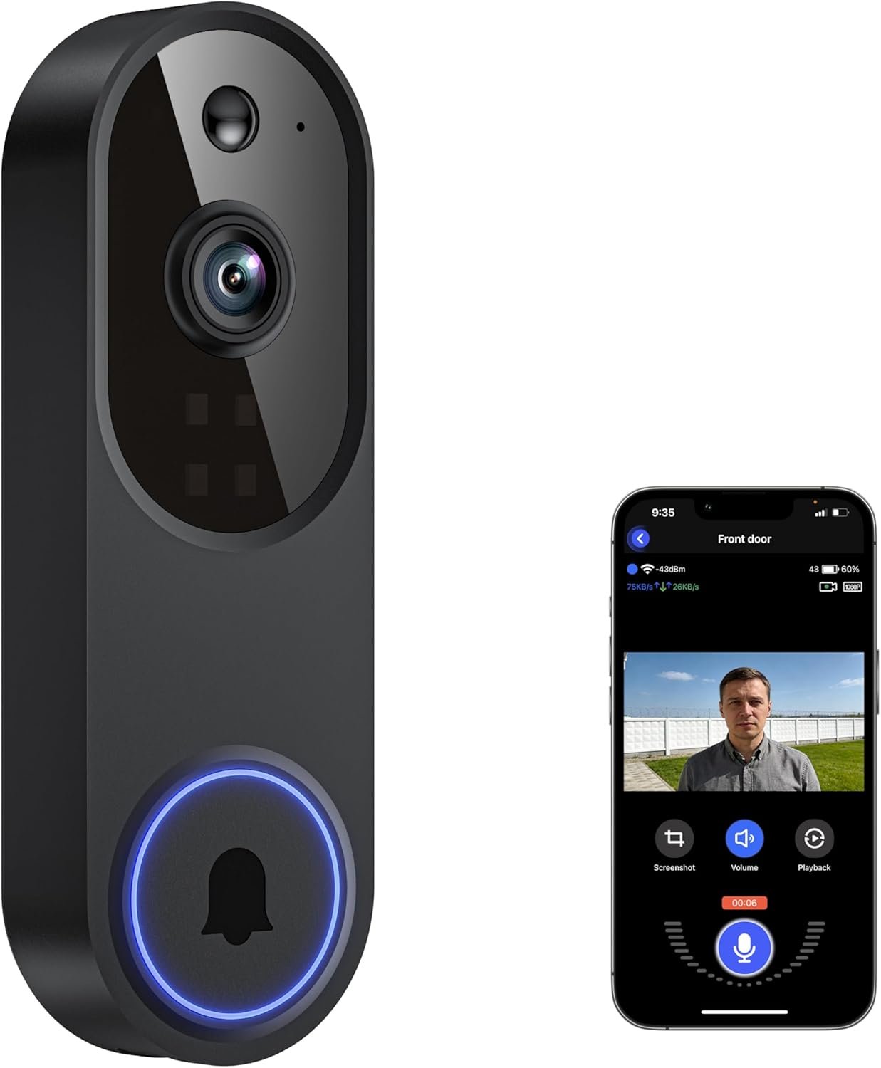 Guggre Doorbell Camera M52, Security Camera Outdoor/Indoor, 1080 HD with Night Vision, 4 Infrared Lights, 120° Wide View, Motion Detection Notification, Works with Smartphone, Wireless, Online Support