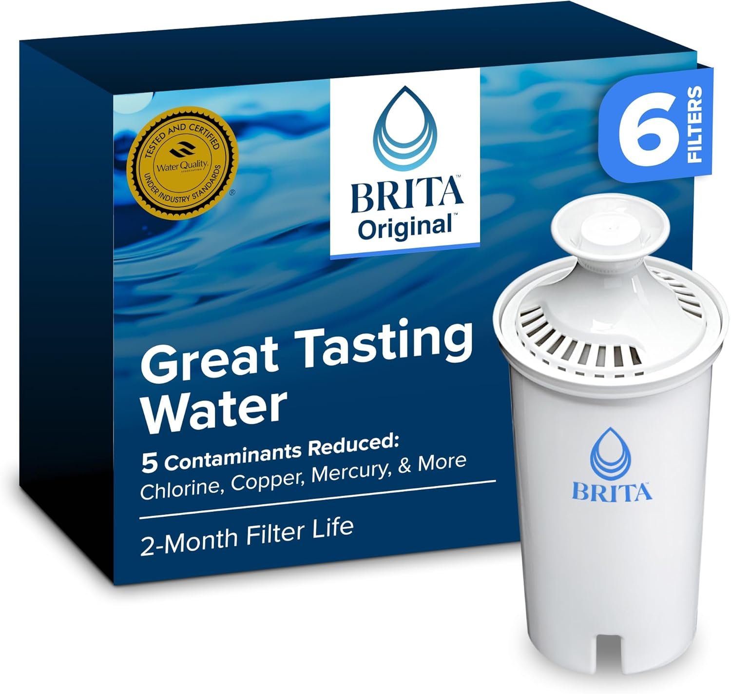 Brita Standard Water Filter for Pitchers and Dispensers, Reduces Copper, Cadmium and Mercury Impurities, Lasts Two Months or 40 Gallons, Includes 6 Filters for Pitchers