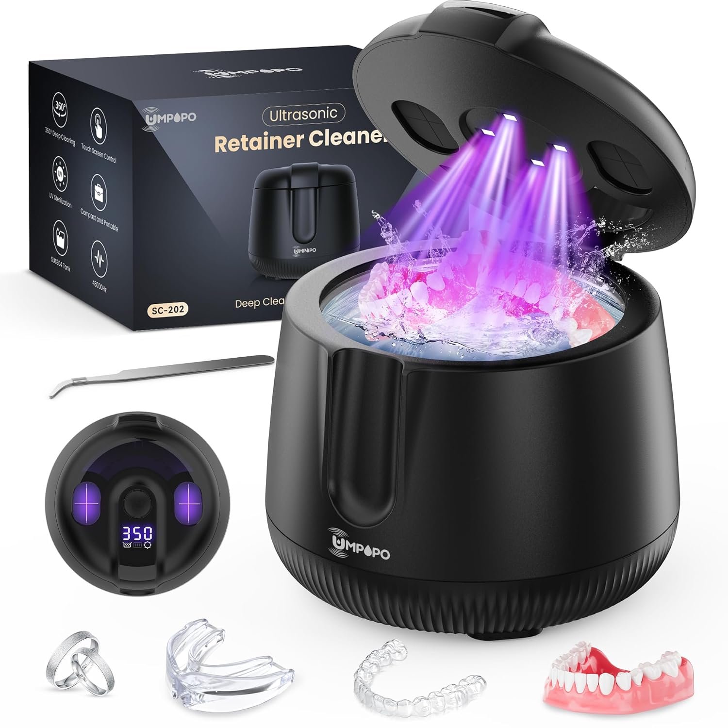 Ultrasonic Retainer Cleaner Machine 48kHz, Dental Cleaning Pod, Ultrasonic Retainer Cleaner for Dentures, Aligners, Mouth Guards, Toothbrush Heads and Jewelry with 200ML Capacity, LAB Supply | Gentle cleaning action works well on mouth guards, toothbrush heads, jewelry