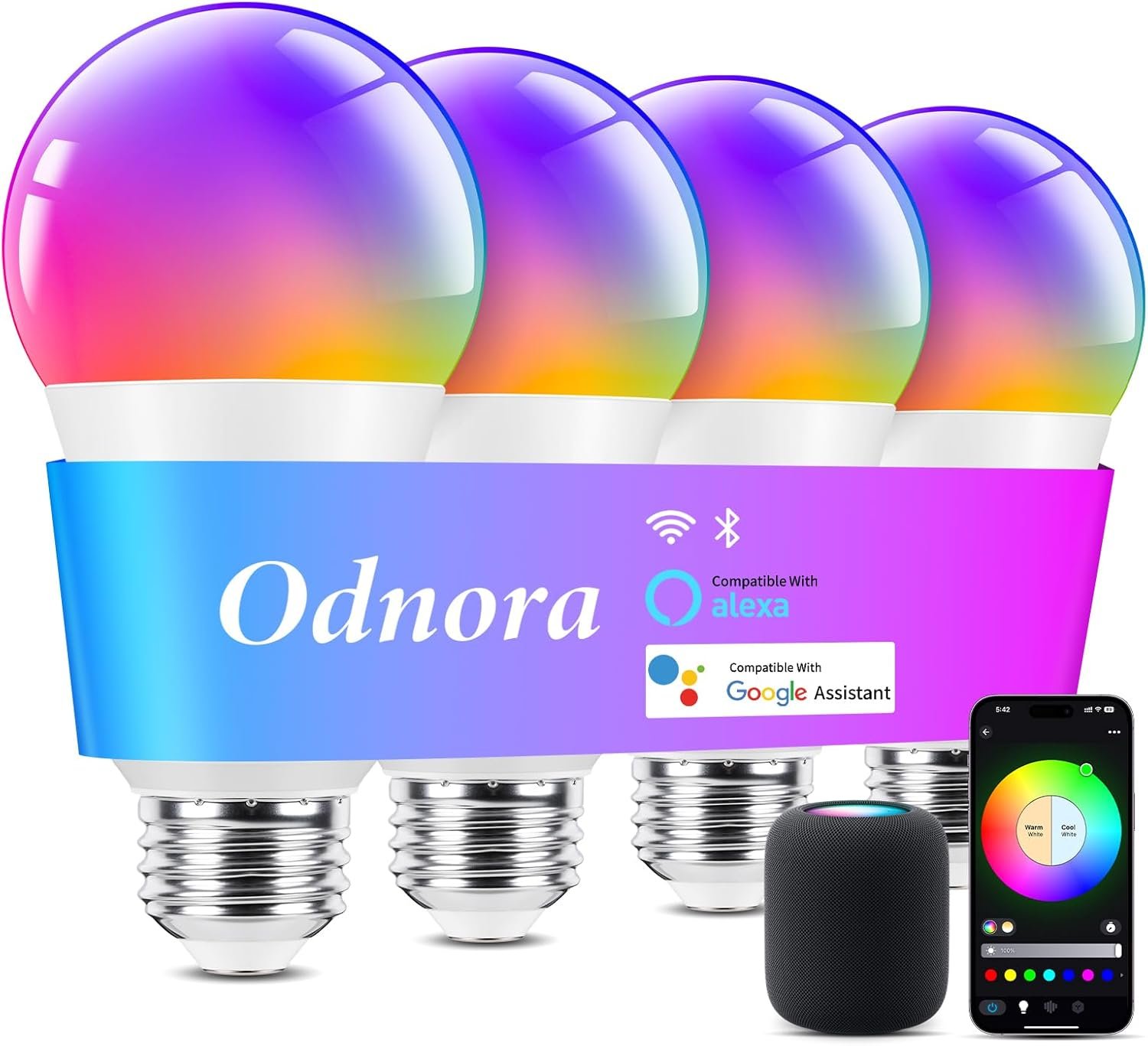 Smart Light Bulbs, Color Changing Light Bulb, Work with Alexa & Google Assistant, RGBWW A19 LED Light Bulbs Dimmable, 2.4GHz WiFi Bluetooth Light Bulb 60W Equivalent, Music Sync, 800LM, 4 Packs