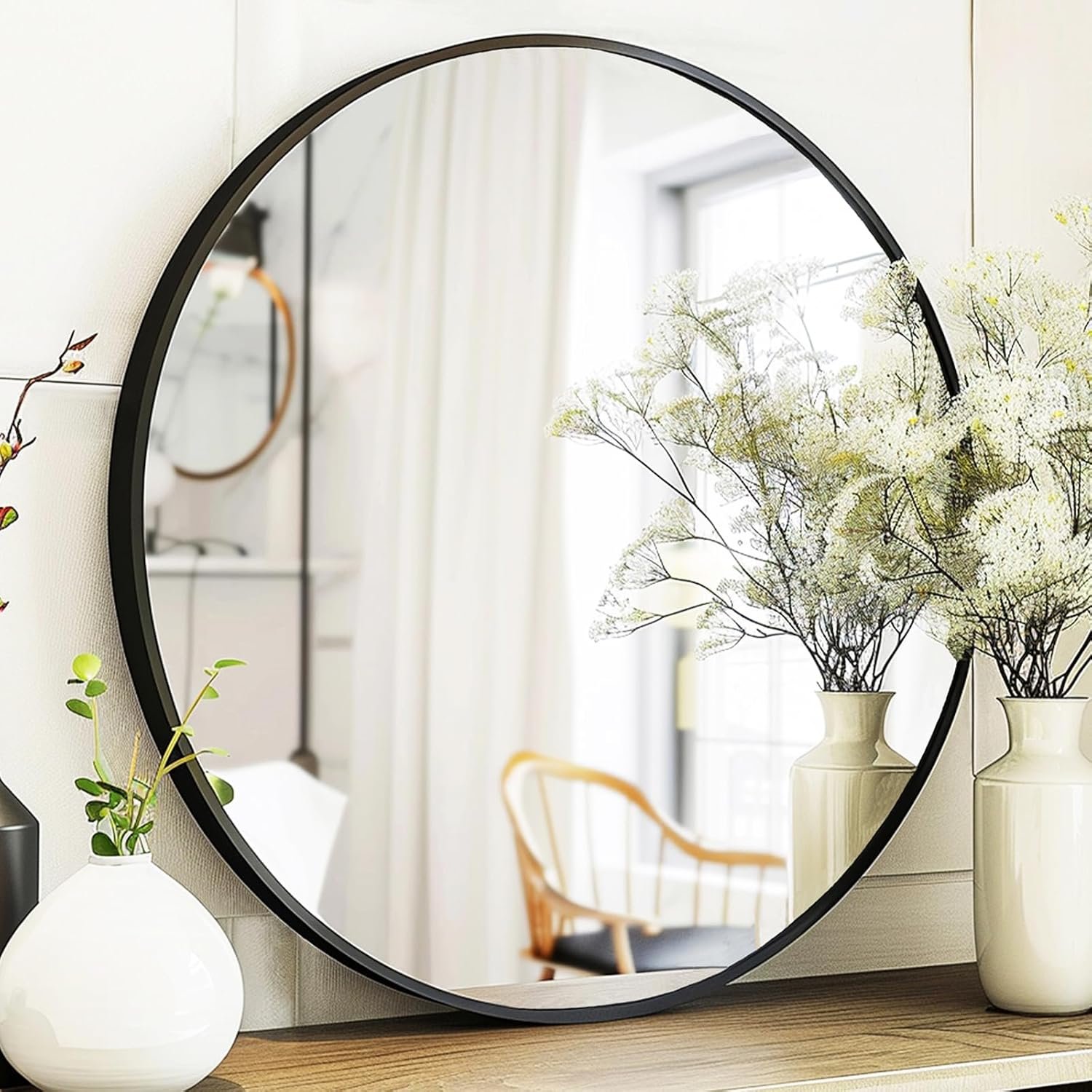 Sunniry Black Round Mirror, Round Mirror 24 inch, Black Circle Mirrors Matte Metal Frame, Wall Mounted Mirrors for Living Room, Bathroom, Wall, Entryway.
