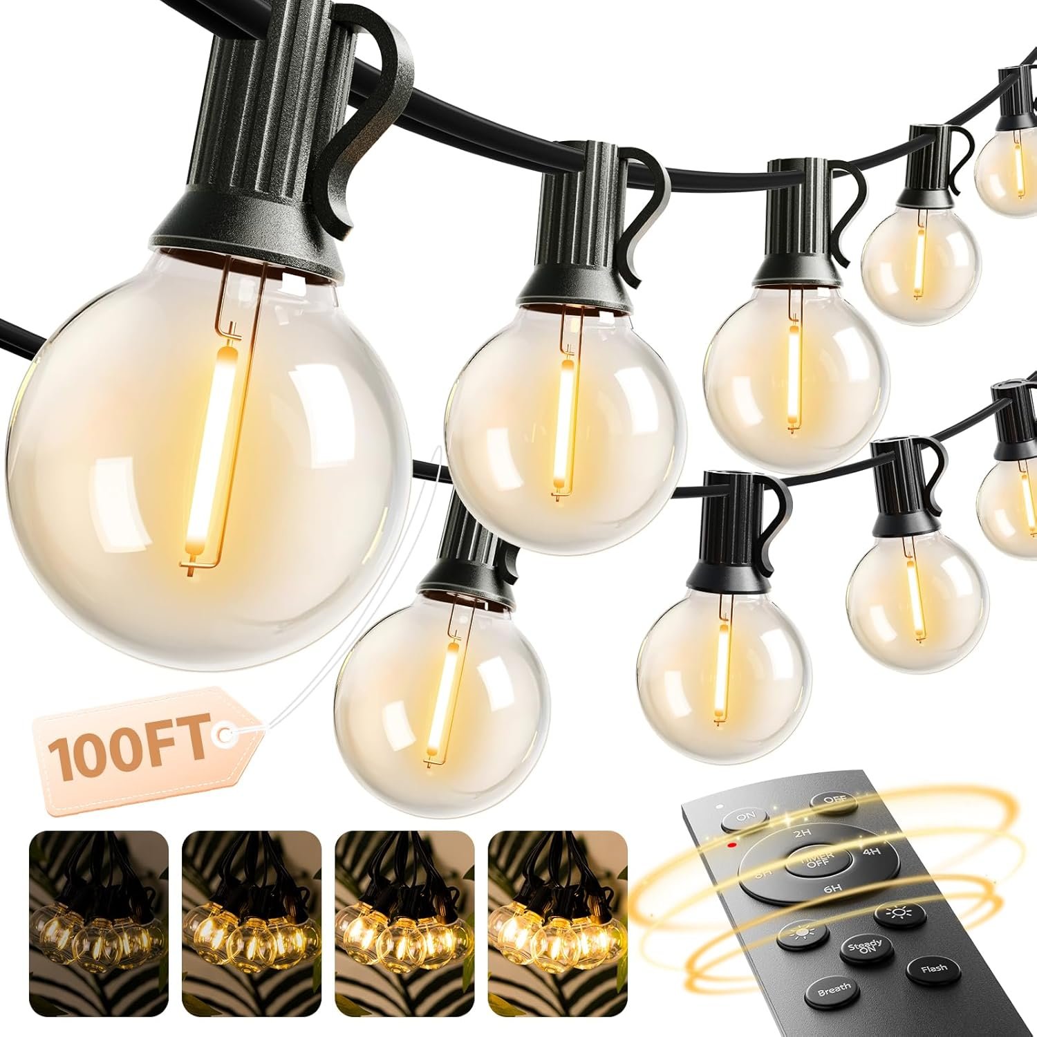 addlon 100FT Outdoor String Lights G40 with Remote, 54 LED Shatterproof Bulbs, Dimmable Patio Globe Lights Waterproof, Hanging Outside Lighting for Backyard, Garden, Deck, Balcony, Porch, Café, Decor