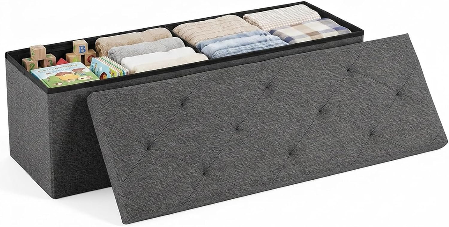 DUMOS 43 Inch Folding Storage Ottoman Bench, Large Hidden Storage Chest with Thicker Foam Padded Seat, End of Bed Foot Rest Stool for Bedroom Living Room Entryway, Load 660 lbs, Grey