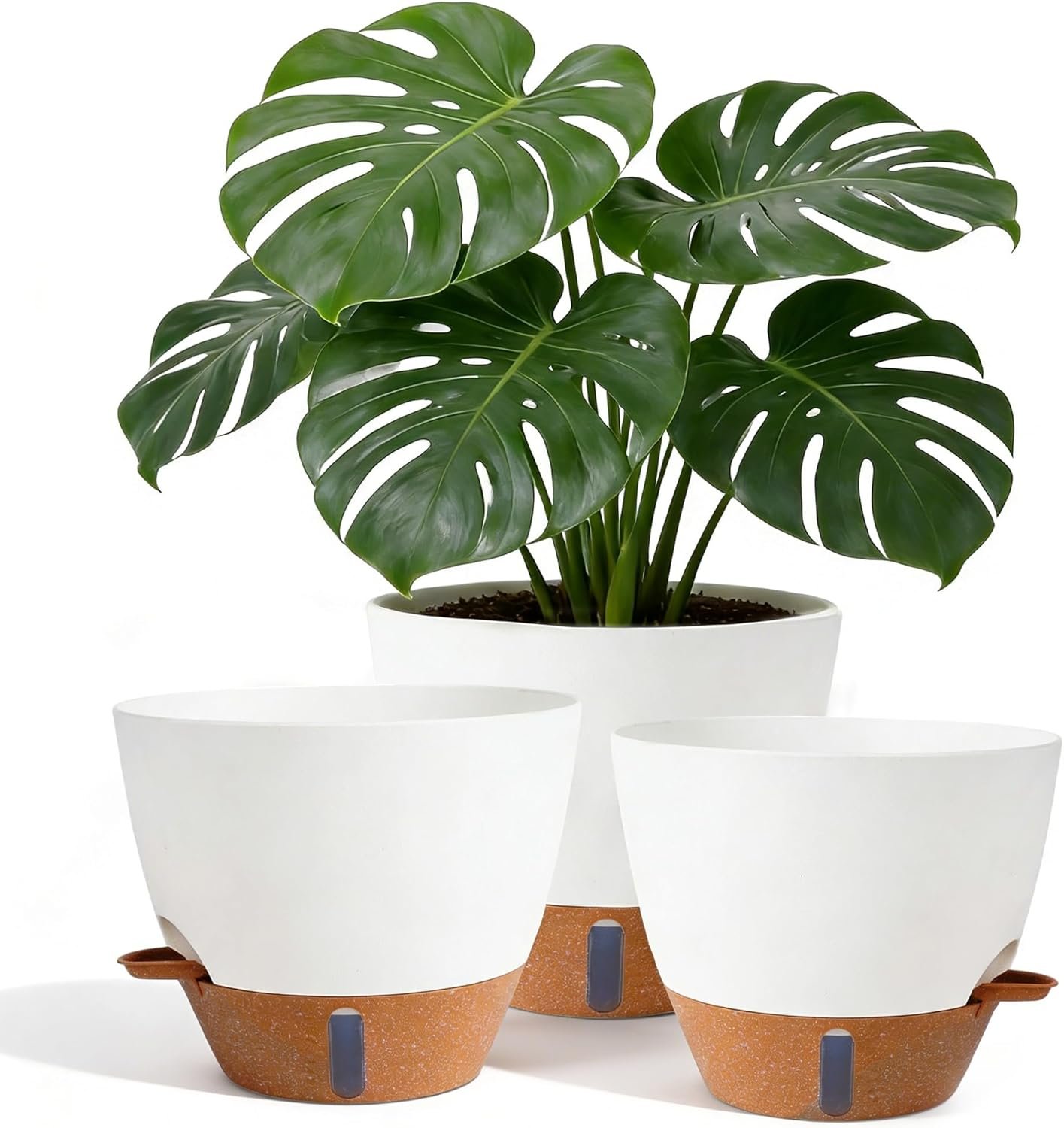 8/9/10 Inch Self Watering Pots, Plastic Flower Pots with Multi Mesh Drainage Holes and Water Level Indicator & Deep Reservoir for Indoor Outdoor Garden Plants and Flowers (White)