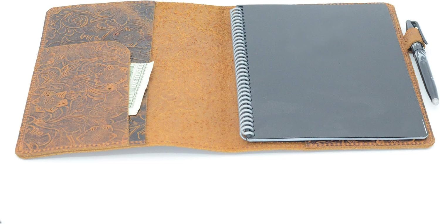 JJNUSA Compatible with Rocketbook Everlast Core Fusion Executive Matrix Graph Wave Panda Planner Letter Leather Cover Case A4 Letter 8.5×11.8 inch Pen Holder Pockets – A5 Size 6 x 9 inch flower