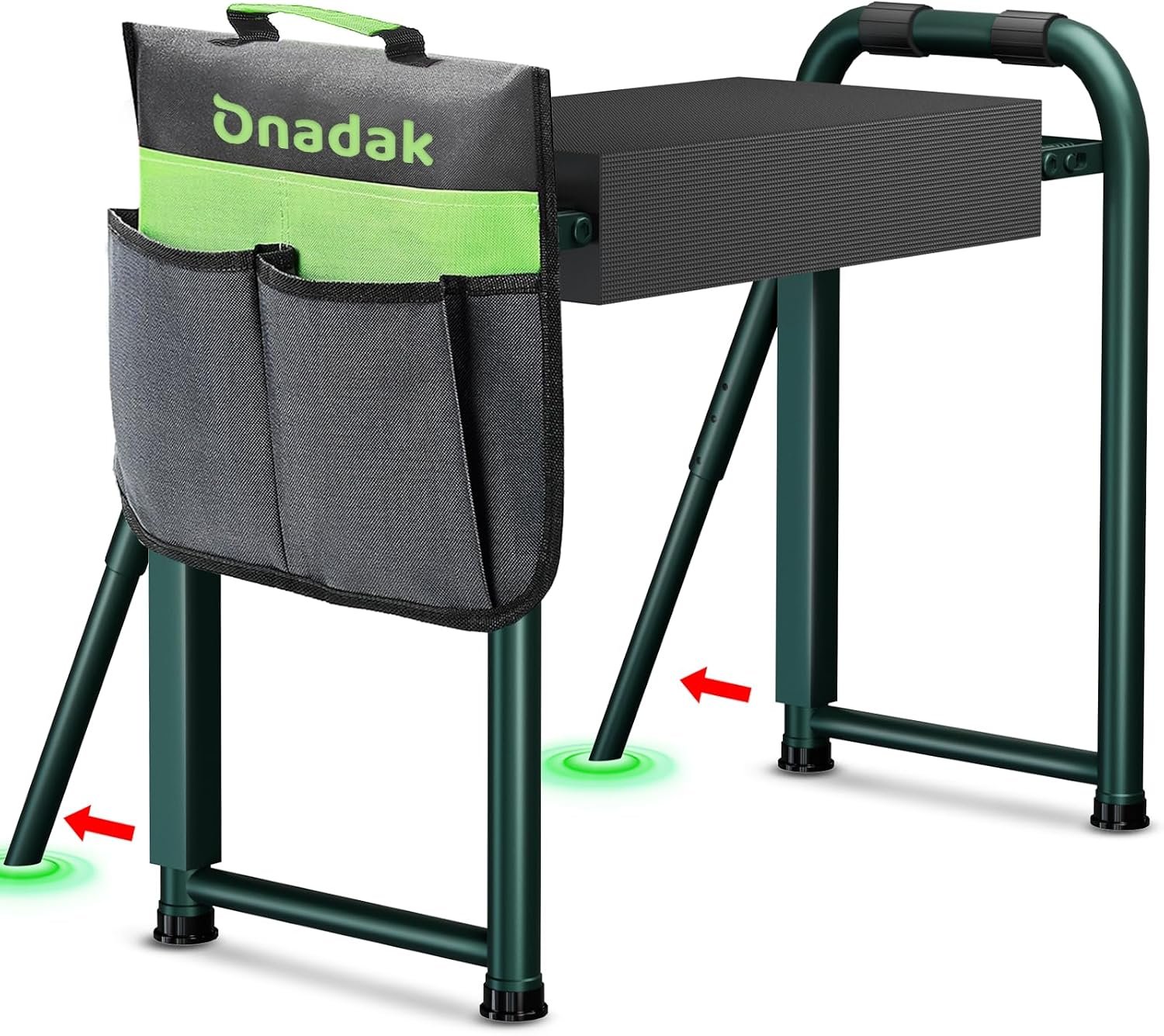 Heavy Duty Garden Kneeler & Seat with Support Legs, 400lbs Capacity Foldable Gardening Stool, Extra Thick Pad & Large Tool Organizer Bag, Ergonomic for Seniors – Dark Green
