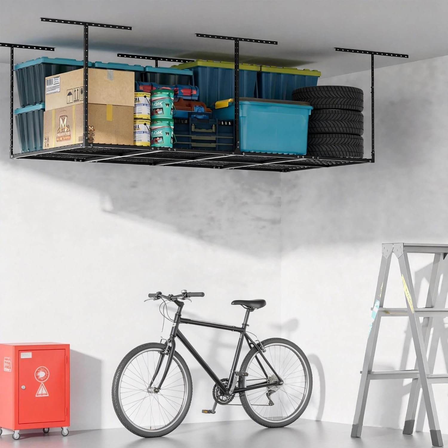 YOHKOH 4×8 Ft Overhead Garage Storage Rack, Adjustable Height, Heavy-Duty Garage Ceiling Storage Racks, 700lbs, Black, 4-Panel System