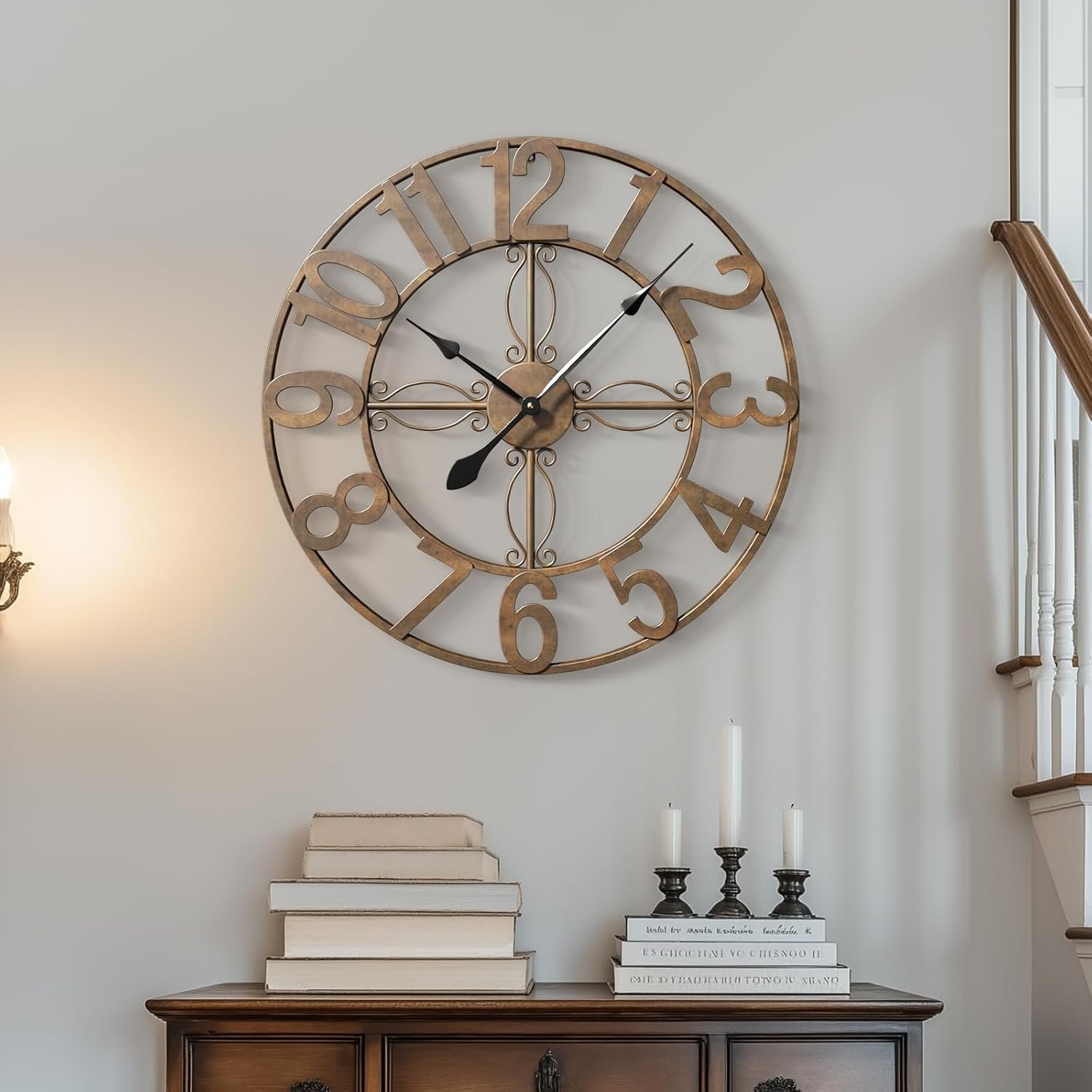 Cuspin 24 Inch Wall Clock Bronze, Large Rustic Decorative Metal Wall Clock with Arabic Numerals, Battery Operated Silent Non Ticking Round Analog Clock for Living Room, Bedroom, Kitchen, Office