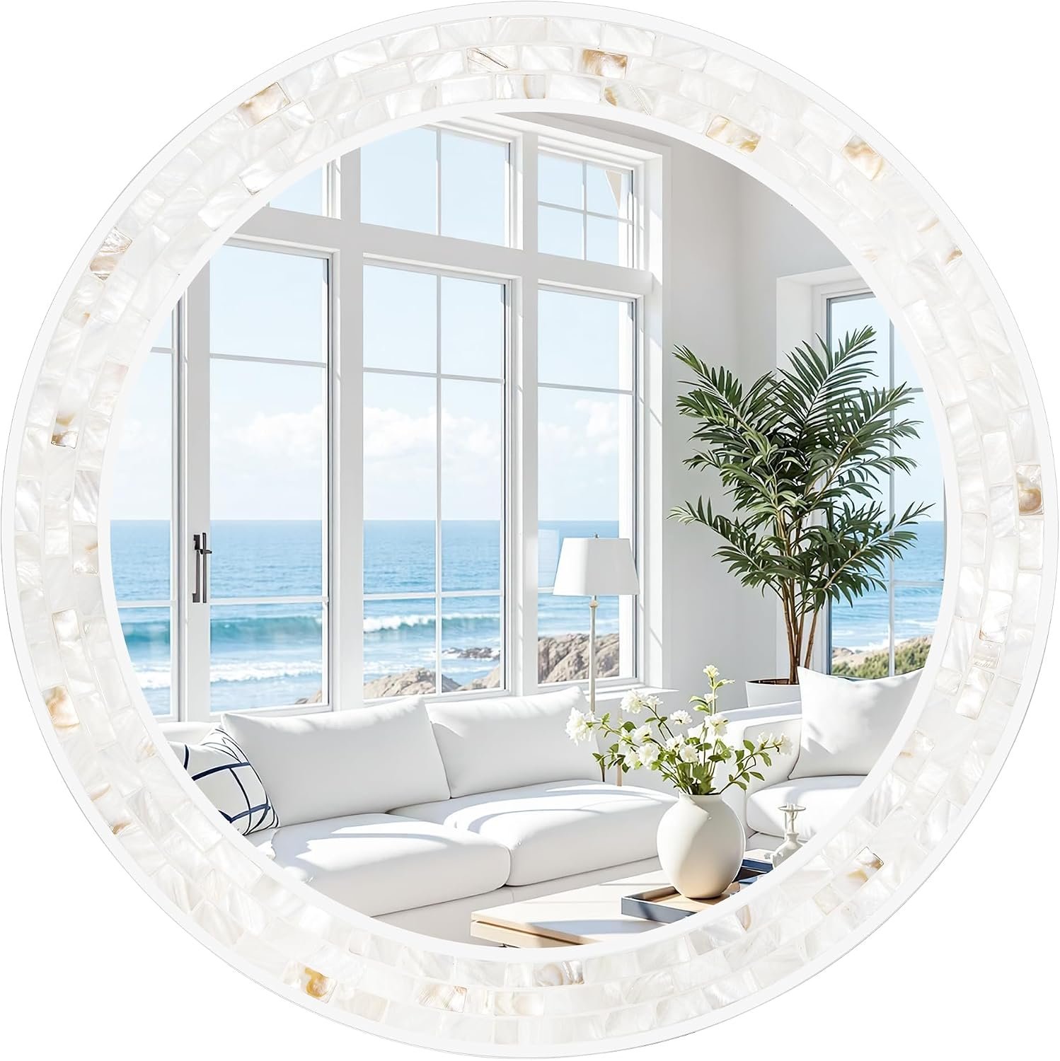 Tanmicoshomy White Round Bathroom Mirror 24 Inch for Wall | Handcradt Shell Frame,Tempered Glass, Decorative Coastal Decor for Bathroom Bedroom Living Room or Entryway
