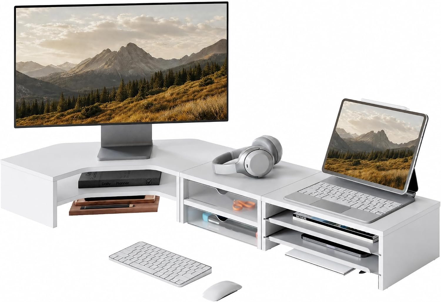 Fenge Dual Monitor Stand, Corner Monitor shelf with Drawer and Slide-Out Tray, 2 Tier Triangle Monitor Riser with Storage, Desk Shelf Organizer for Desk, Home Office, Computer, Laptop, Printer