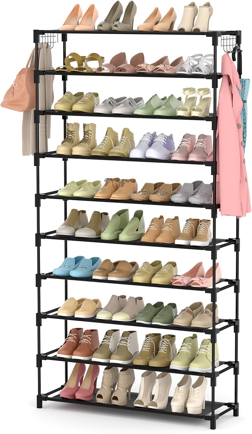 LANTEFUL 10 Tiers Shoe Rack 50 Pairs Large Capacity Tall Shoe Organizer Sturdy Shoe Storage with Two Hooks Space Saving Metal Wide Shoe Rack for Closet, Entryway, Bedroom, Black