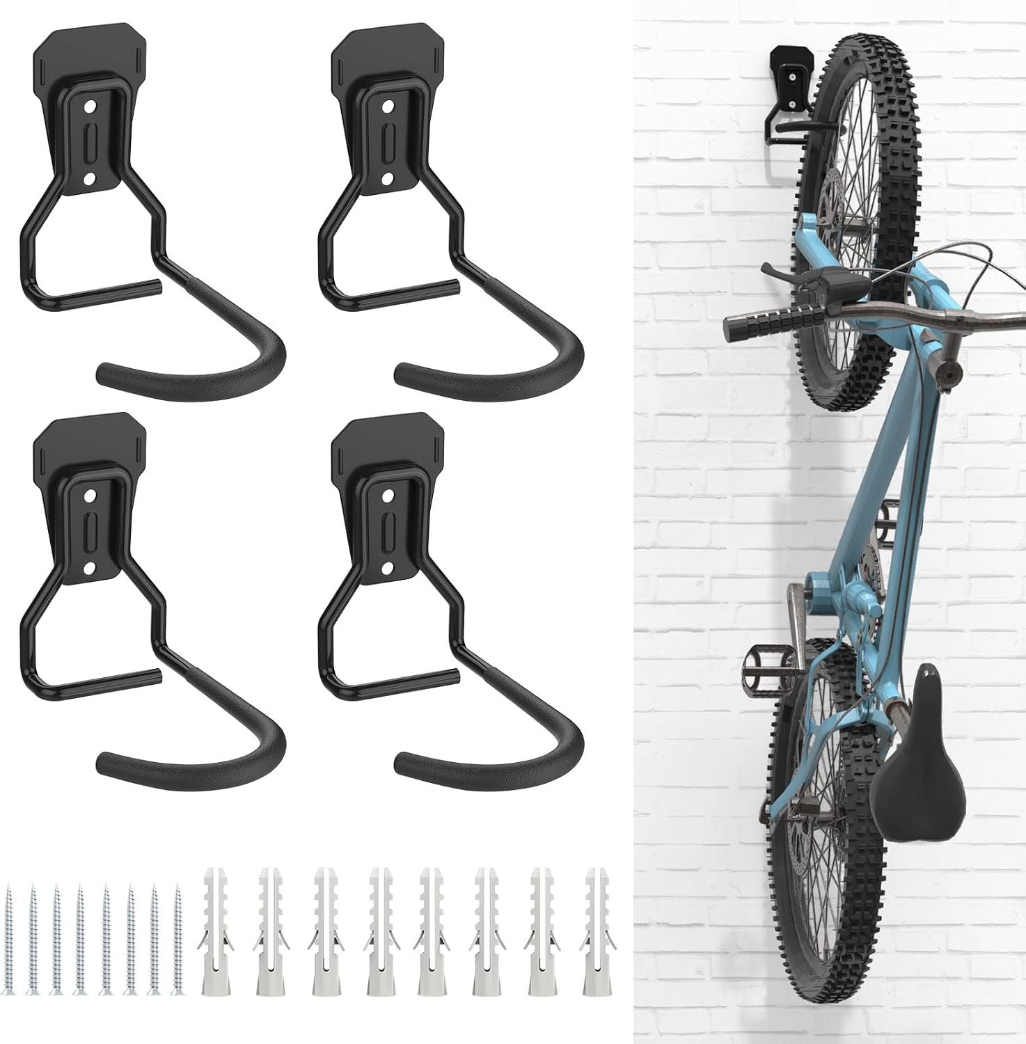 Housolution Bike Wall Mount with Fixed Hook, [4 Pack] Heavy Duty Bike Storage Rack, Bike Rack Vertical Stand for Garage – Easily Hang/Detach – with Screws Iron Bike Hanger Brackets