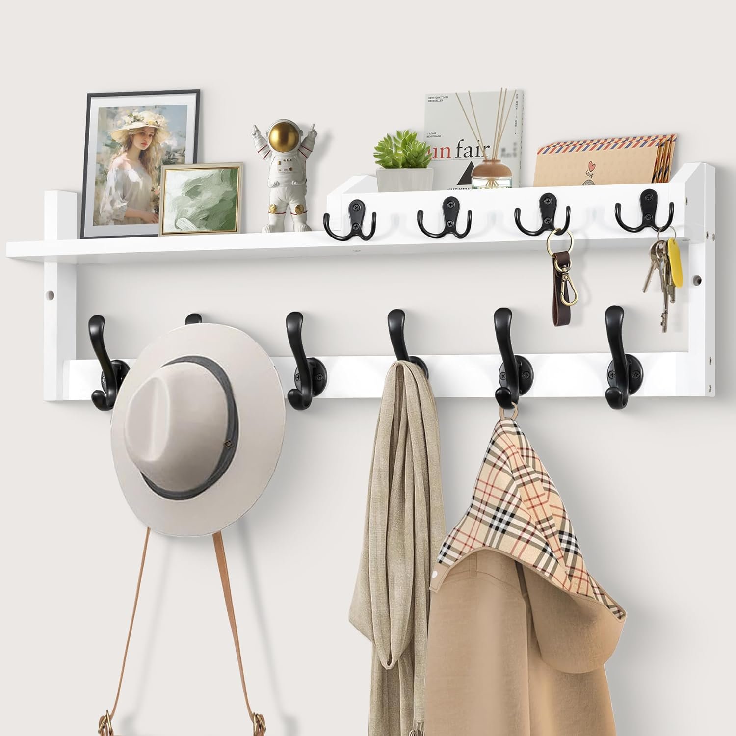 Coat Rack Wall Mount with Shelf, 27.5″ Entryway Wall Hanging Shelf, Coat and Key Hanger with 10 Dual Hooks, Mail Organizer and Key Holder Hat Rack for Wall, Wood Coat Hooks with Storage