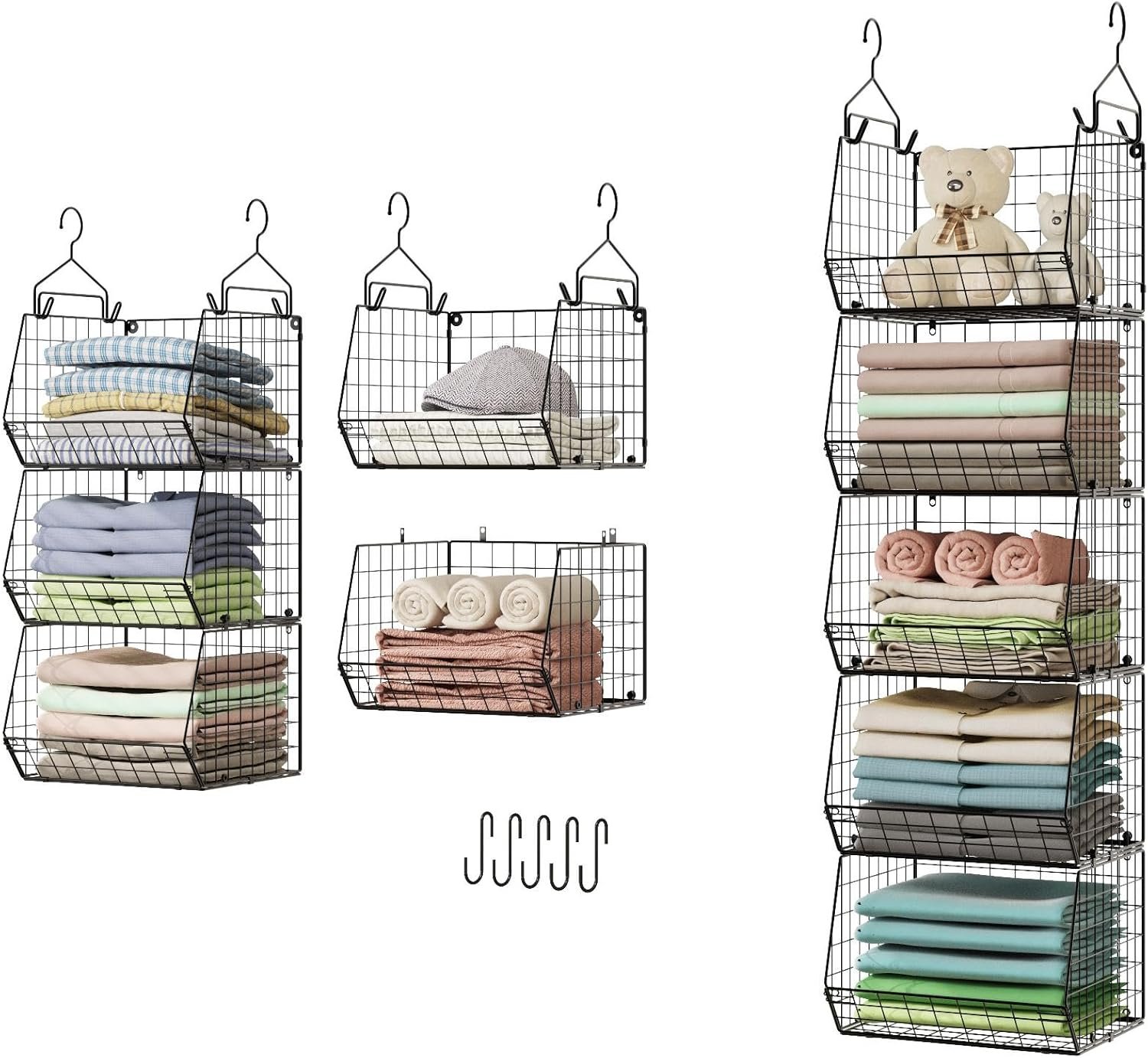 X-cosrack 5 Tier Closet Hanging Organizer, Clothes Hanging Shelves with 4 Hanging Hooks 5 S Hooks, Wire Storage Basket Bins, for Clothing Sweaters Shoes Handbags Clutches Accessories Patent Design