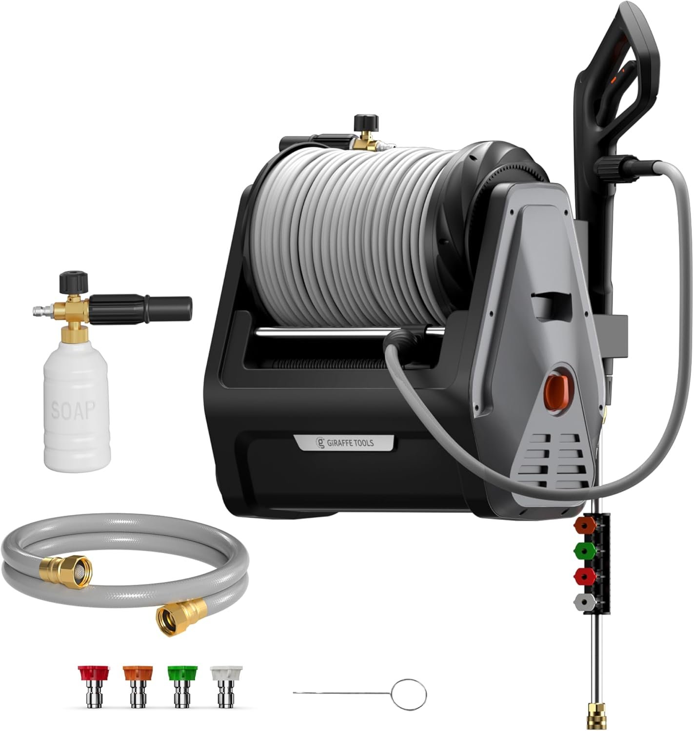 Giraffe Tools Grandfalls Retractable Wall Mount Pressure Washer Plus, Electric Power Washer with 100ft Pressure Hose, Max 2900PSI 2.2 GPM, Automatic Rewind, Any Length Lock, Dark Silver