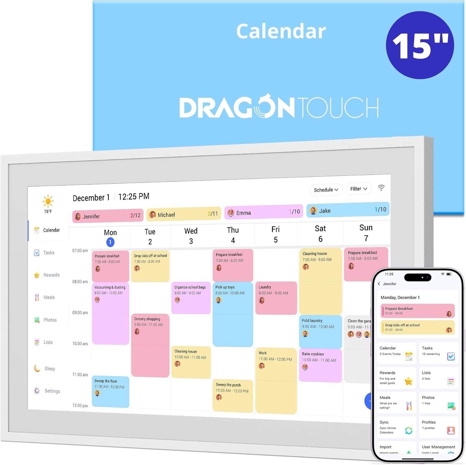 Dragon Touch 15.6″ 1080P Full HD Touchscreen Chore Chart – Smart Family Planner, Hearth Display, Wall & Desk Mountable, Fiberboard, White