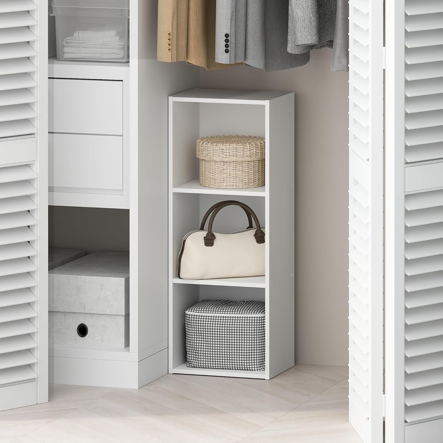 Furinno Reed Closet Organizers and Storage, 3-Tier Closet Organizer, Open Shelf Closet Storage, for Wardrobe, Bedroom, Living Room, White