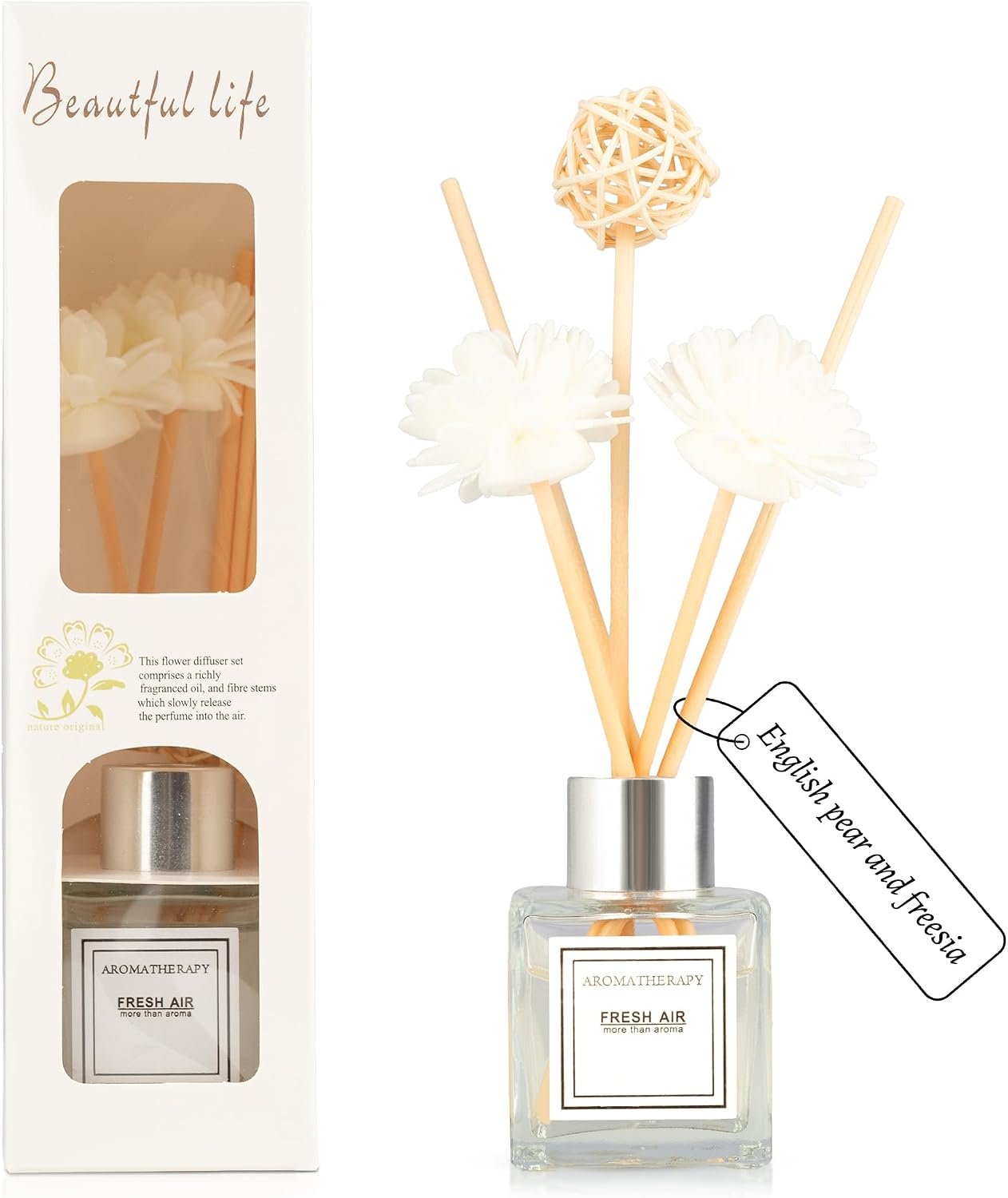 Reed Diffuser Set, 1.7 fl oz Scent Diffuser with Sticks, Freesia Scent for Bathroom Accessories Shelf Decor, Air Fresheners for Home, Home Fragrance Products, House Office Room Decor Aesthetic Gift