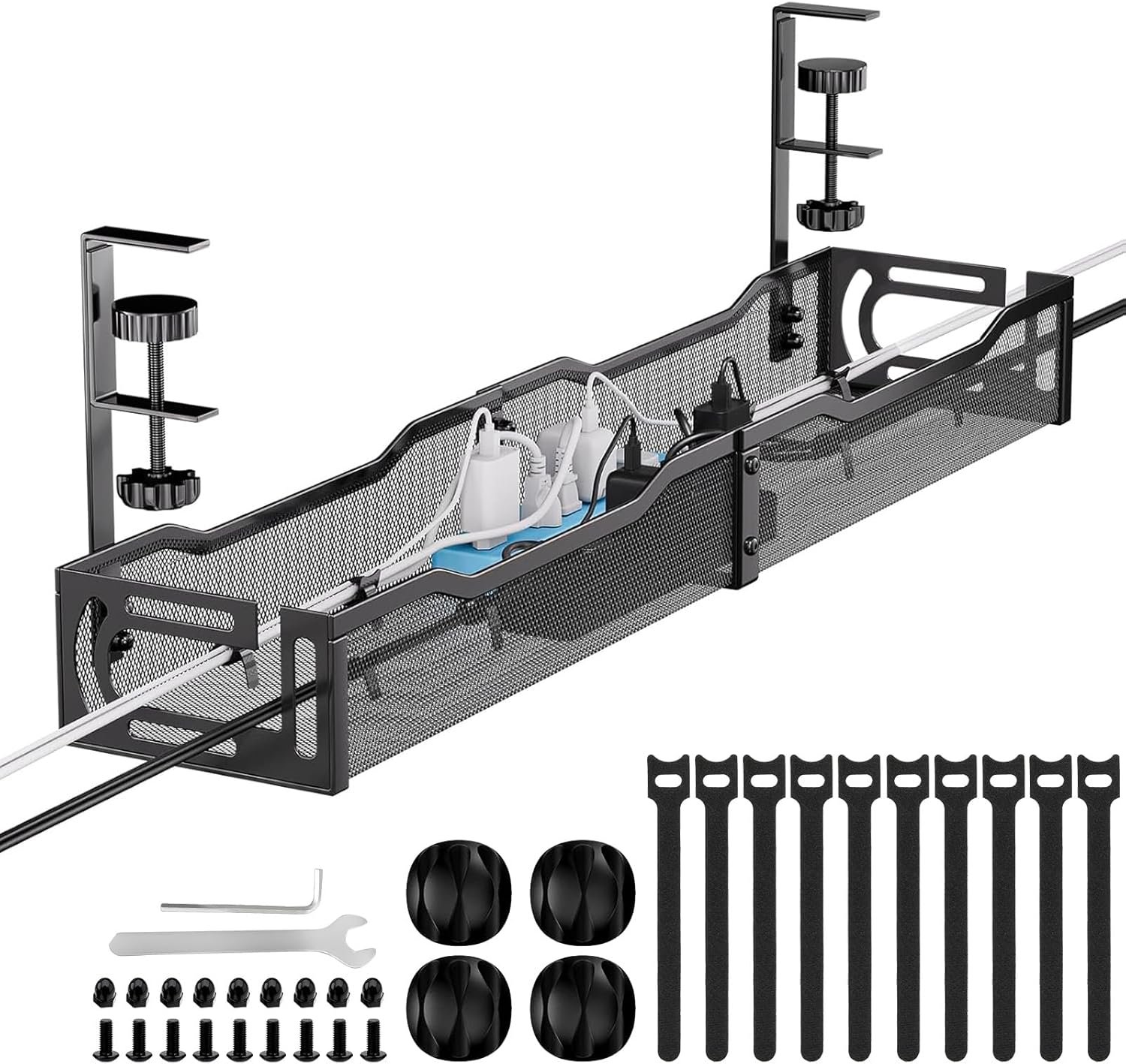 Cable Management, 25” Cable Management Under Desk No Drill, Metal Cord Organizer with Clamp for Standing Desk, Cable Organizer for Home Office, Black