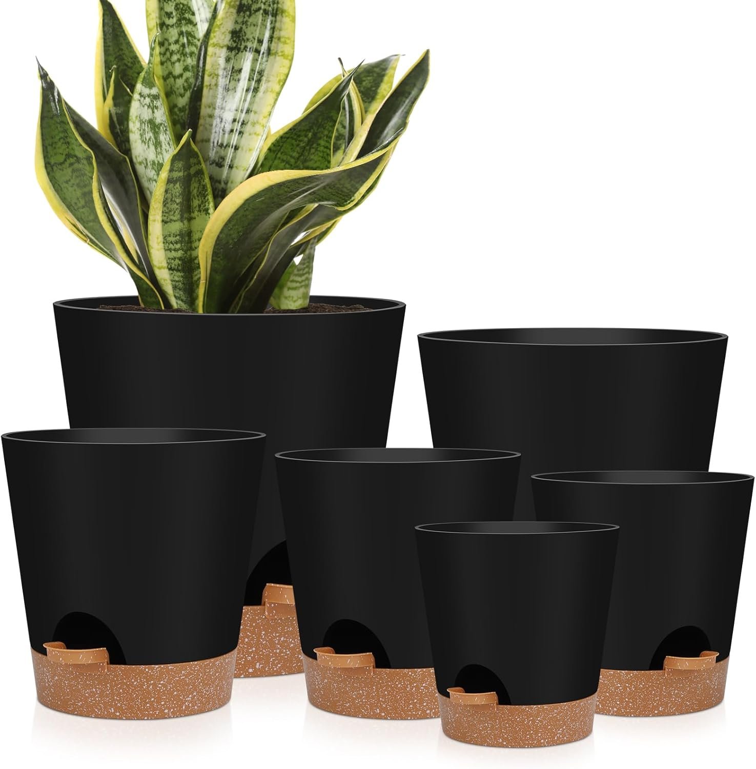 YNNICO Indoor Self Watering Planters with Drainage Holes and Saucers, 8, 7, 6.5, 6, 5.5, 5 Inches, Black, 6 Pots