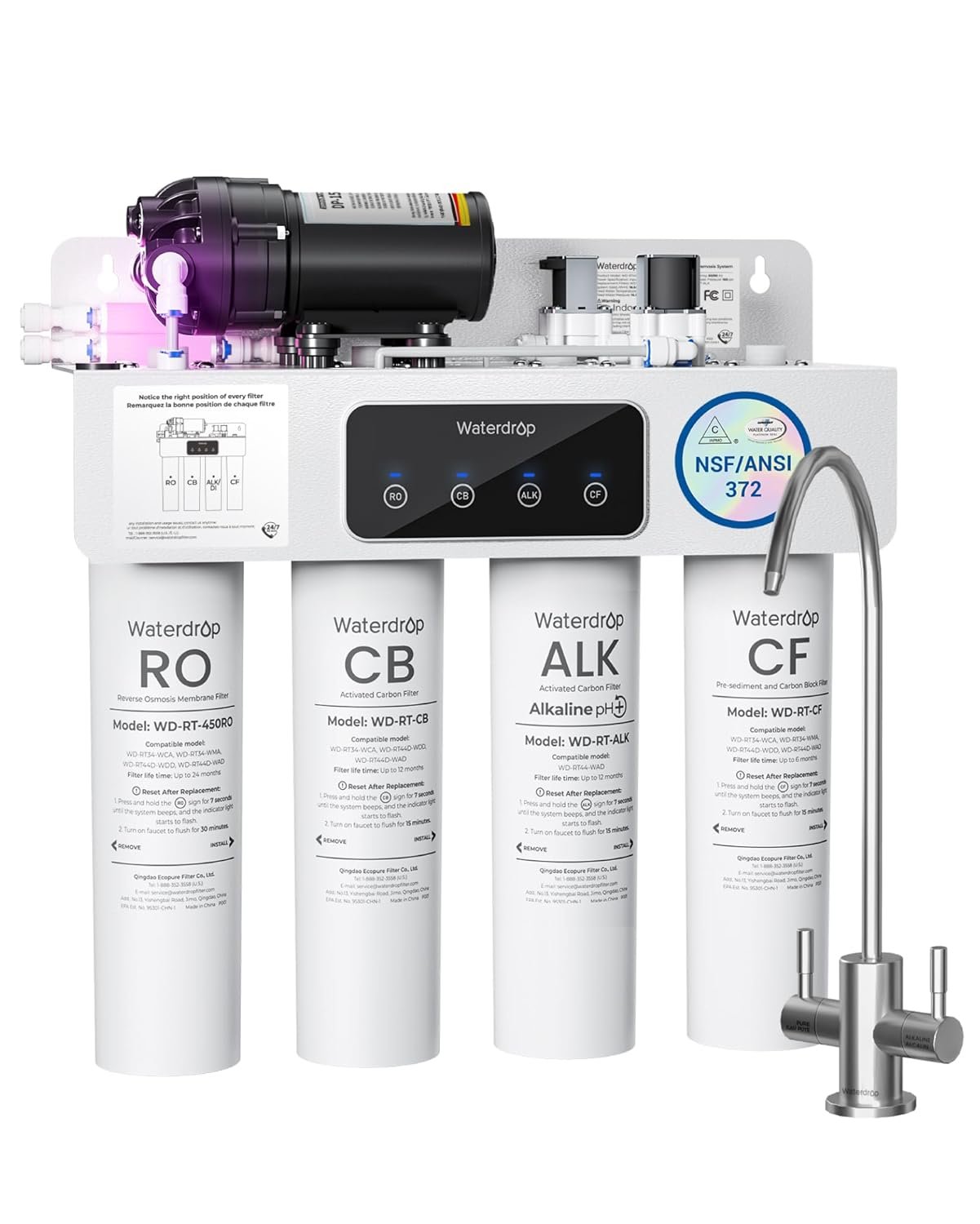 Waterdrop T4-A Alkaline pH+ Reverse Osmosis Water Filter, Dual Flow, NSF/ANSI 372 Certified, 10-Stage, 450 GPD Tankless Undersink RO Filtration System, 2:1 Pure to Drain, BPA Free, Plug-in Required