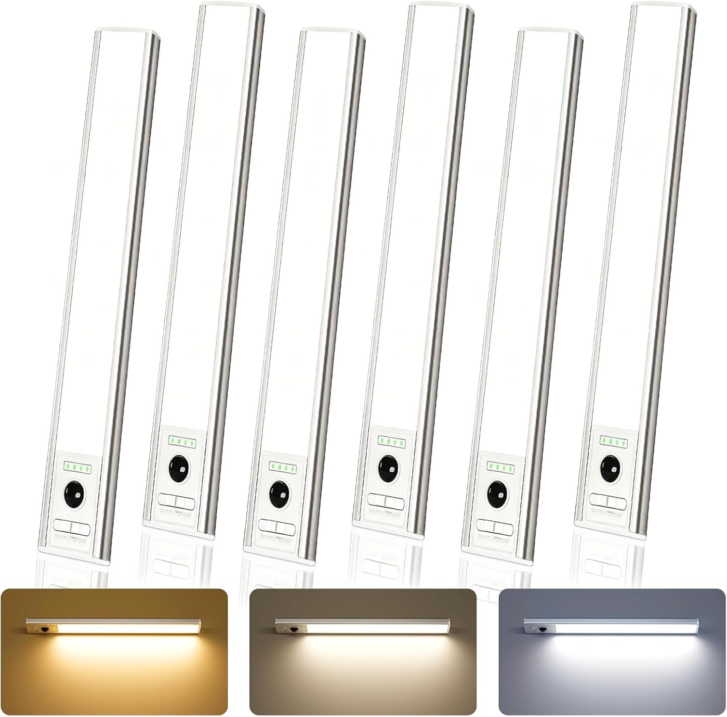 EZVALO 10-inch Under Cabinet Lighting Wireless with Battery Indicator, 2000mAh Rechargeable Motion Sensor Light Indoor, 80 LED Under Counter Lights for Kitchen Closet, 3 Color Temps, Dimmable – 6 Pack