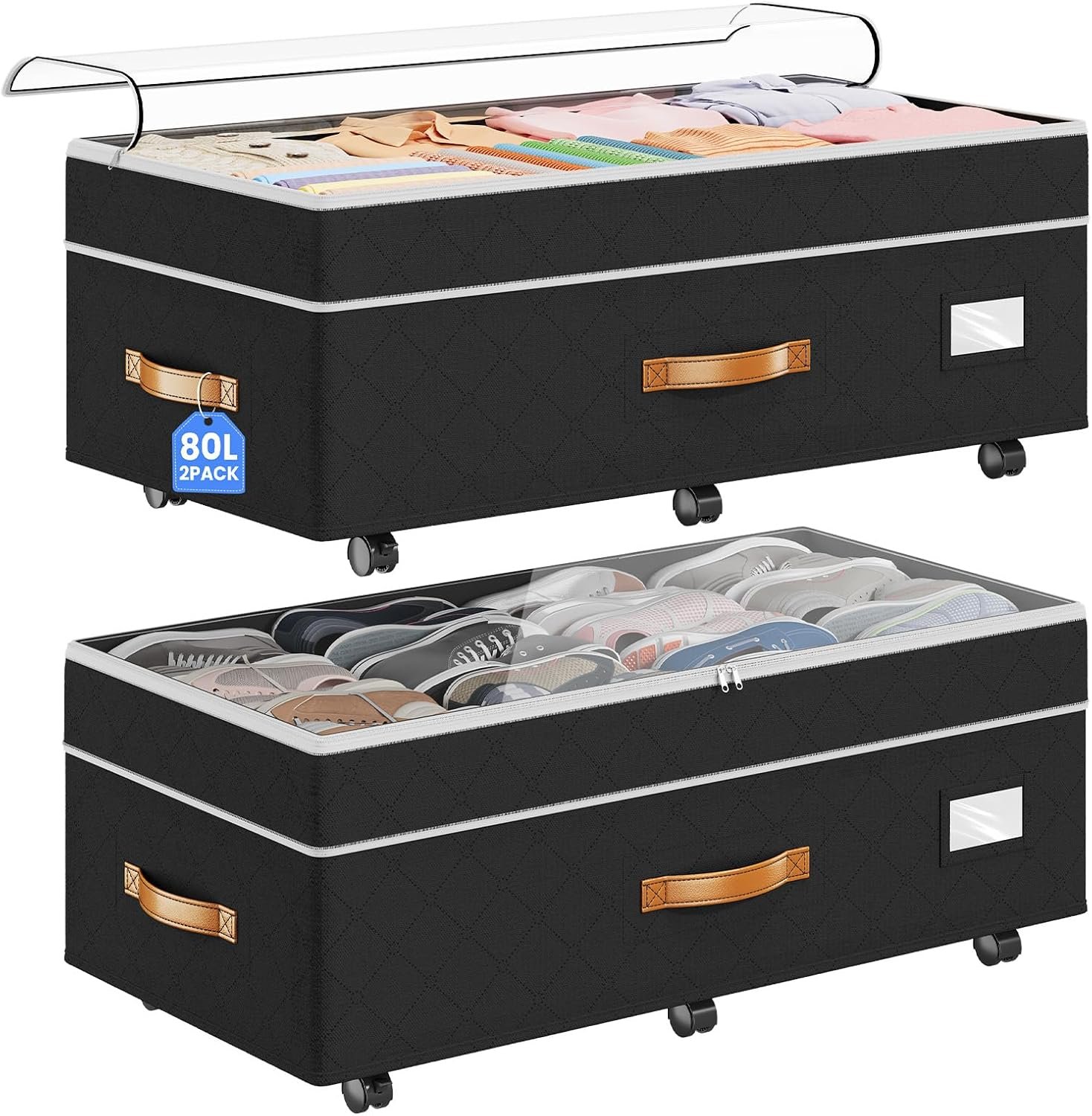 Budding Joy Under Bed Storage with Wheels 2Pack, 80L- Height Adjustable Underbed Containers with Clear Lids, Rolling Under Bed Shoe Storage Organizer for Dorm Home Clothes, Blankets, Toys, Black