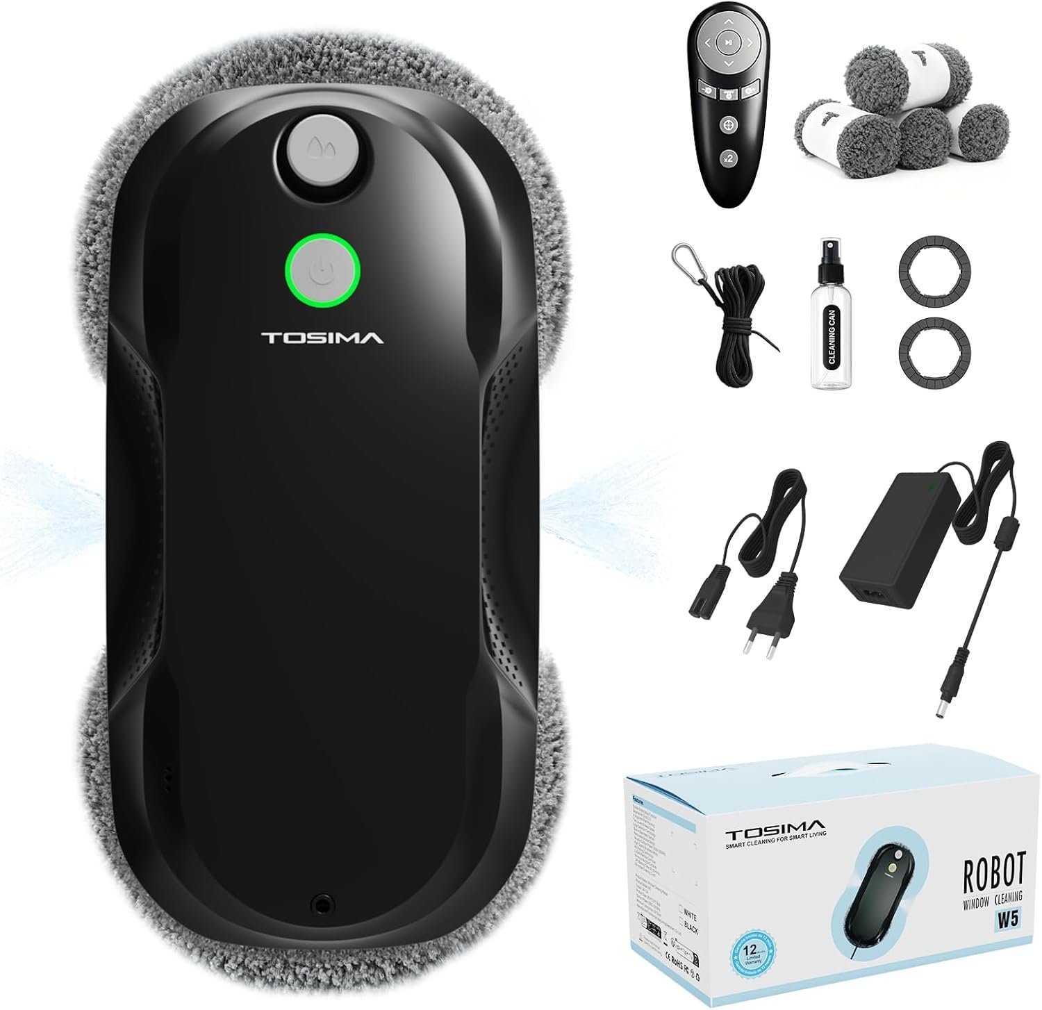 Tosima W5 Window Cleaning Robot, 6400Pa Max Adaptive Suction, Auto-Spray Smart Window Cleaner with Triple Safety System, Intelligent Navigation, Remote Control, for All Smooth Surfaces, Black
